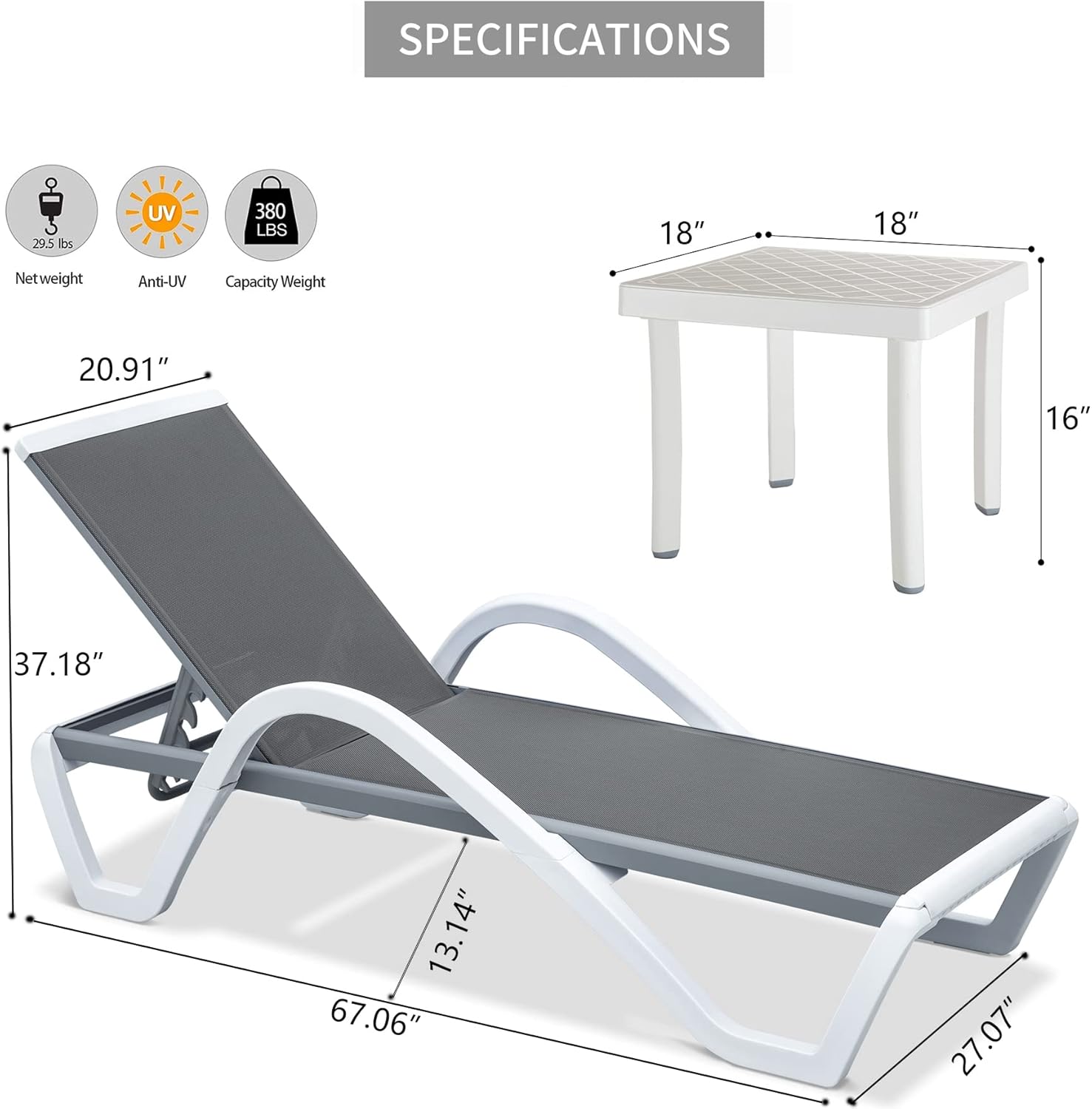 Domi Patio Chaise Lounge Outdoor Lounge Chair Adjustable Aluminum Pool Lounge Chair with Armrests, Side Table, All Weather Poolside Lounger for Deck, Lawn, Garden, Gray