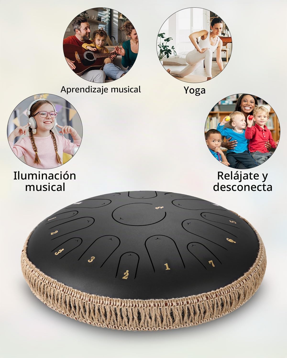 Tambor de Lengua de Acero 14 Pulgadas 15 Notas,Tambor Handpan Instrumento de percusión de Acero Tambor de Mano con Bolsa de Transporte Mazas y Soporte de Mazo para Yoga,Meditación,Alivia el Estrés