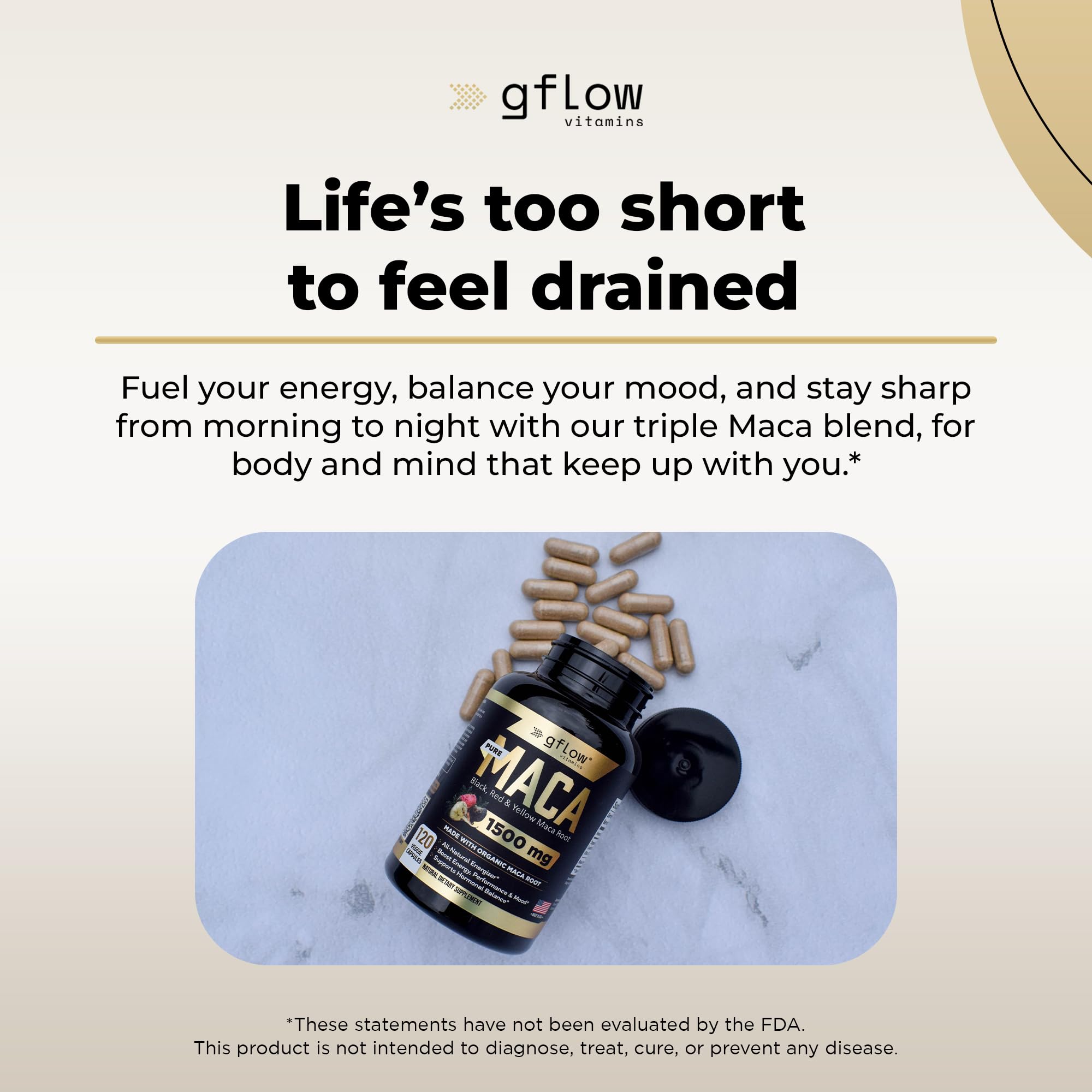 gflow vitamins Organic Maca Root Capsules for Women & Men - Black, Red, Yellow Peruvian Maca Root Extract & Black Pepper - 120 Vegan Pills - Supports Energy, Performance & Mood | Made in USA — Amazon image 5