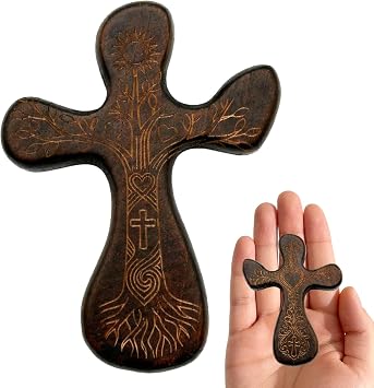 Handmade Wood Cross Fidget, Small Doublesided Carved Tree of Life Prayer Cross for Hand, Pocket Cross Christian Gift for Women Men Children Church Religious First Communion Baptism Fathers Day