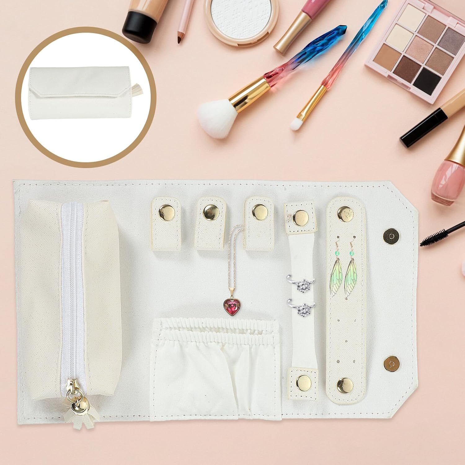 BESPORTBLE Portable Travel Jewelry Bag Foldable PU Leather Organizer Roll Small Lightweight Jewelry Case for Necklaces Earrings Rings Bracelets with Multifunctional Storage for Women
