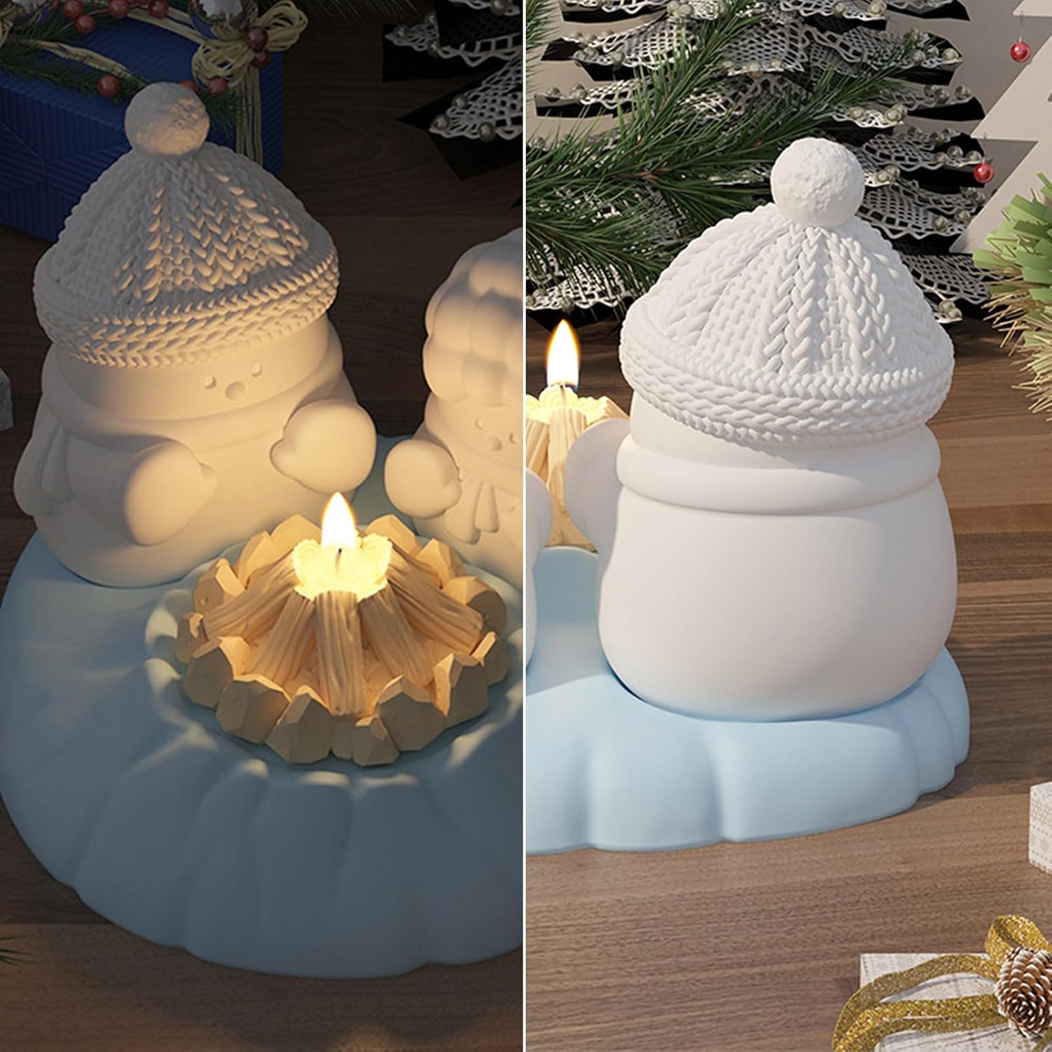 Cute Snowman with Fire Candle Silicone Molds, Christmas Ornament Molds for Epoxy Resin Candle Soap Wax, 3D Winter Holiday Chocolate Fondant Cake Decor Mold, Jewelry Pendant Keychain Art Craft Mold