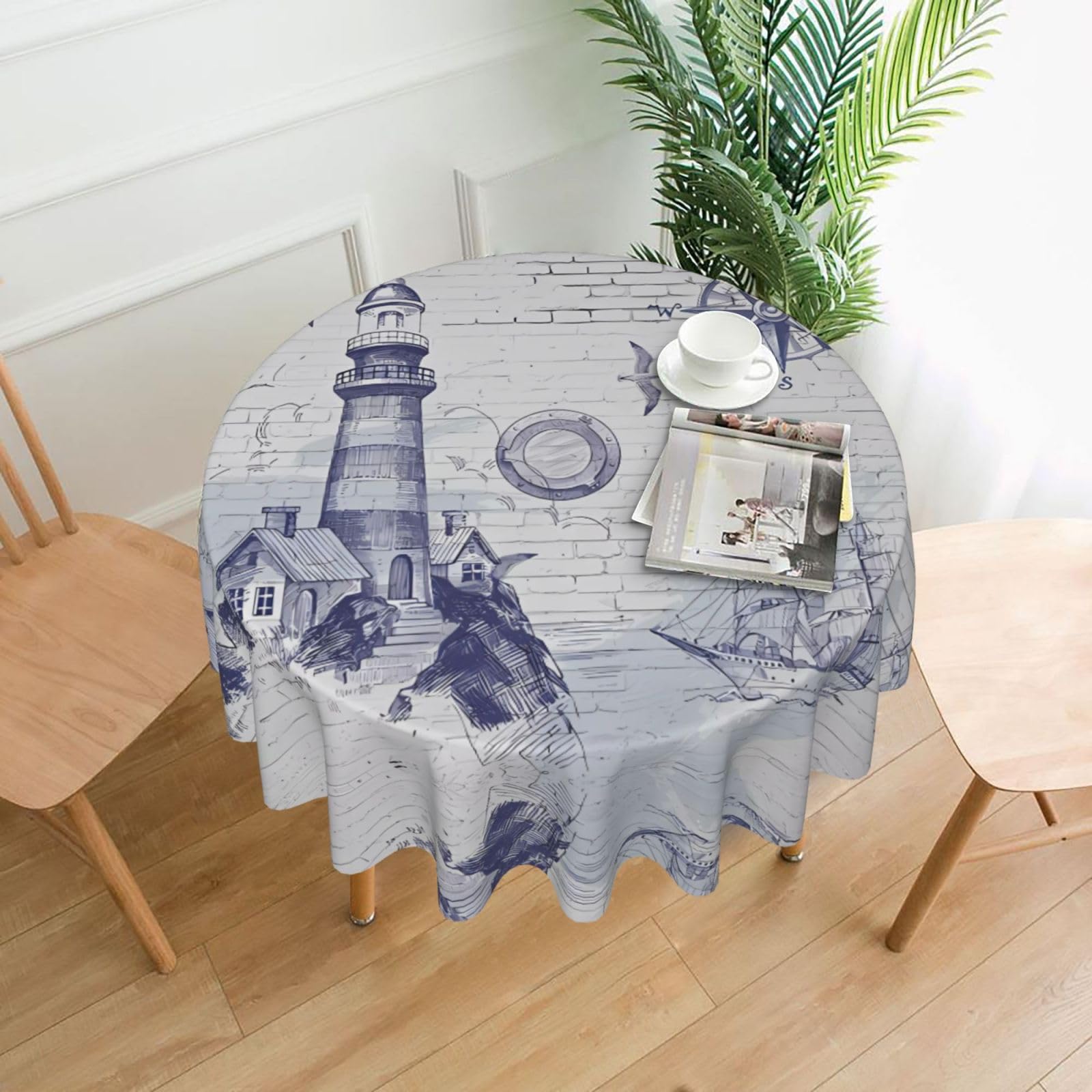 YYHHAOFA Sail Boat Compass Prints Round Decorative Tablecloth 60in - High-Grade Polyester Throw for Dining Tables, Parties, & Outdoor Events
