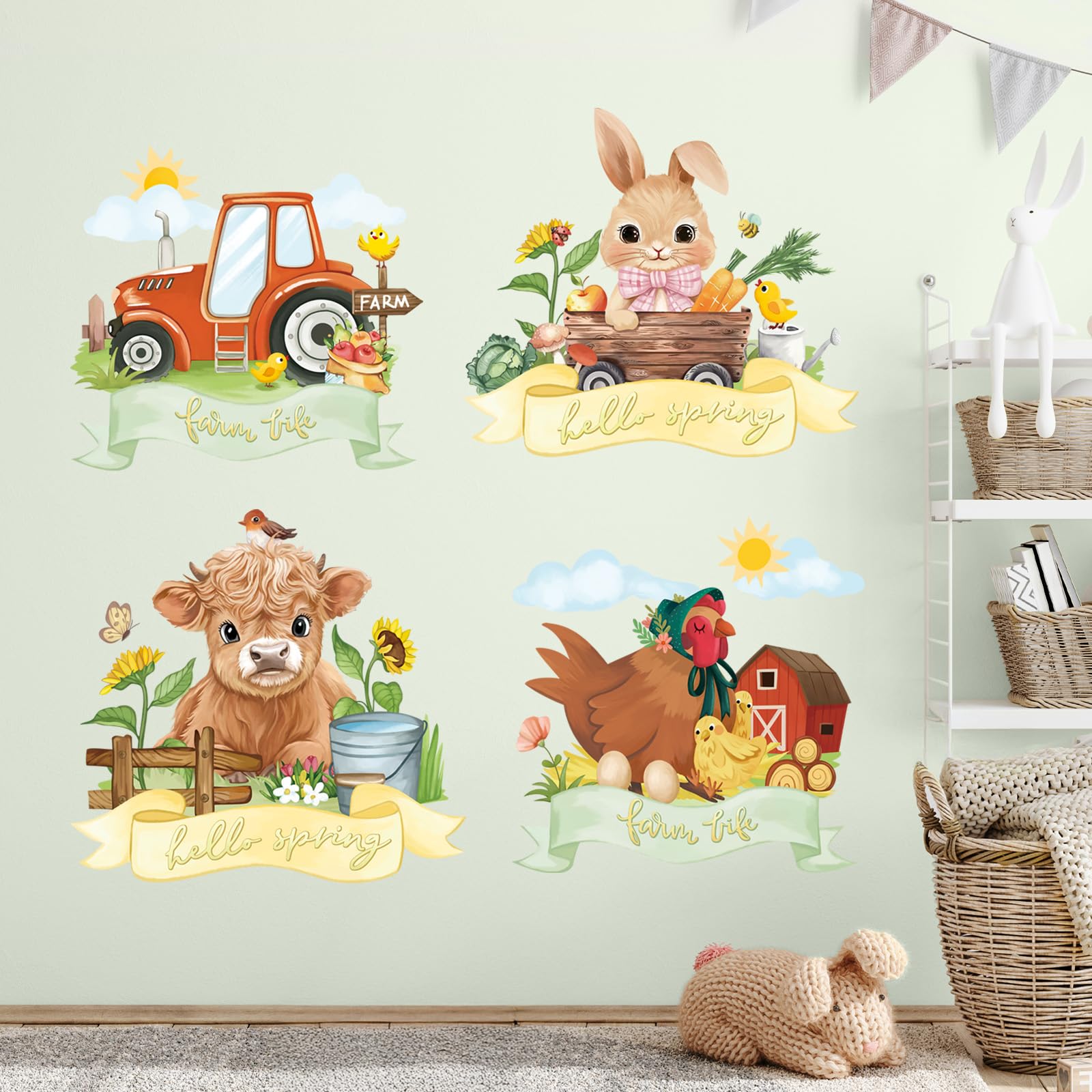 FUFUQUARE Spring Farm Animals Wall Decals Cute Cow Rabbit Hen Wall Sticker
