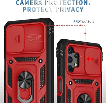 YmhxcY for Galaxy A32 5G Case with Camera Cover Slider, 2*Tempered Glass Screen Protectors,Build in 360Rotating Ring Kickstand, Military Grade Protective Case for Galaxy A32 5G-Red/Black