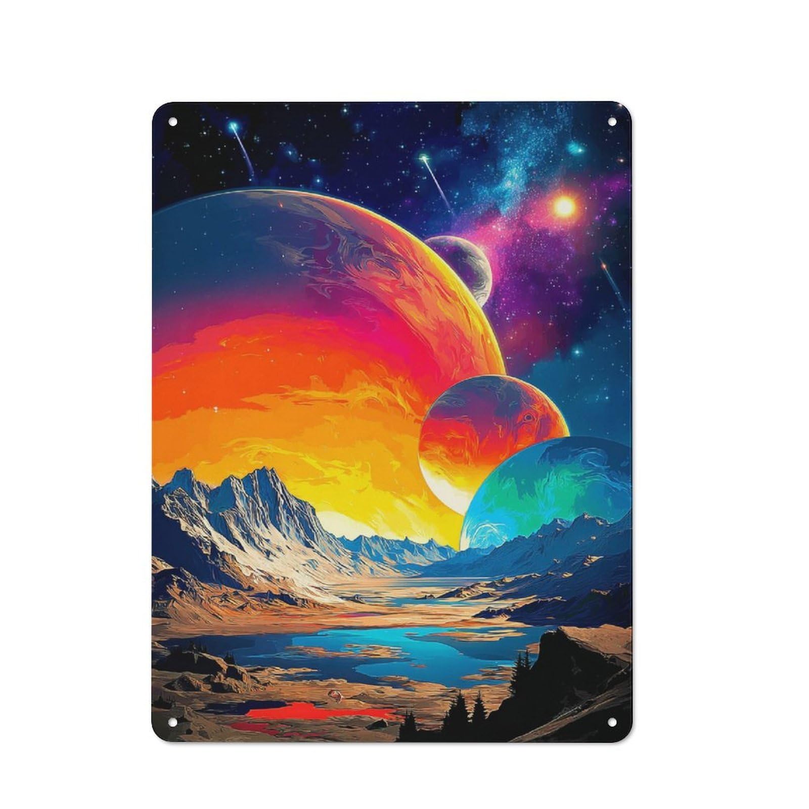 Junmoney Colorful Alien Landscape With Planets -1 Retro-Style Metal Sign 40X30cm For Garage Or Workshop, A Moving-Home Gift For Collectors Of Tin Signs