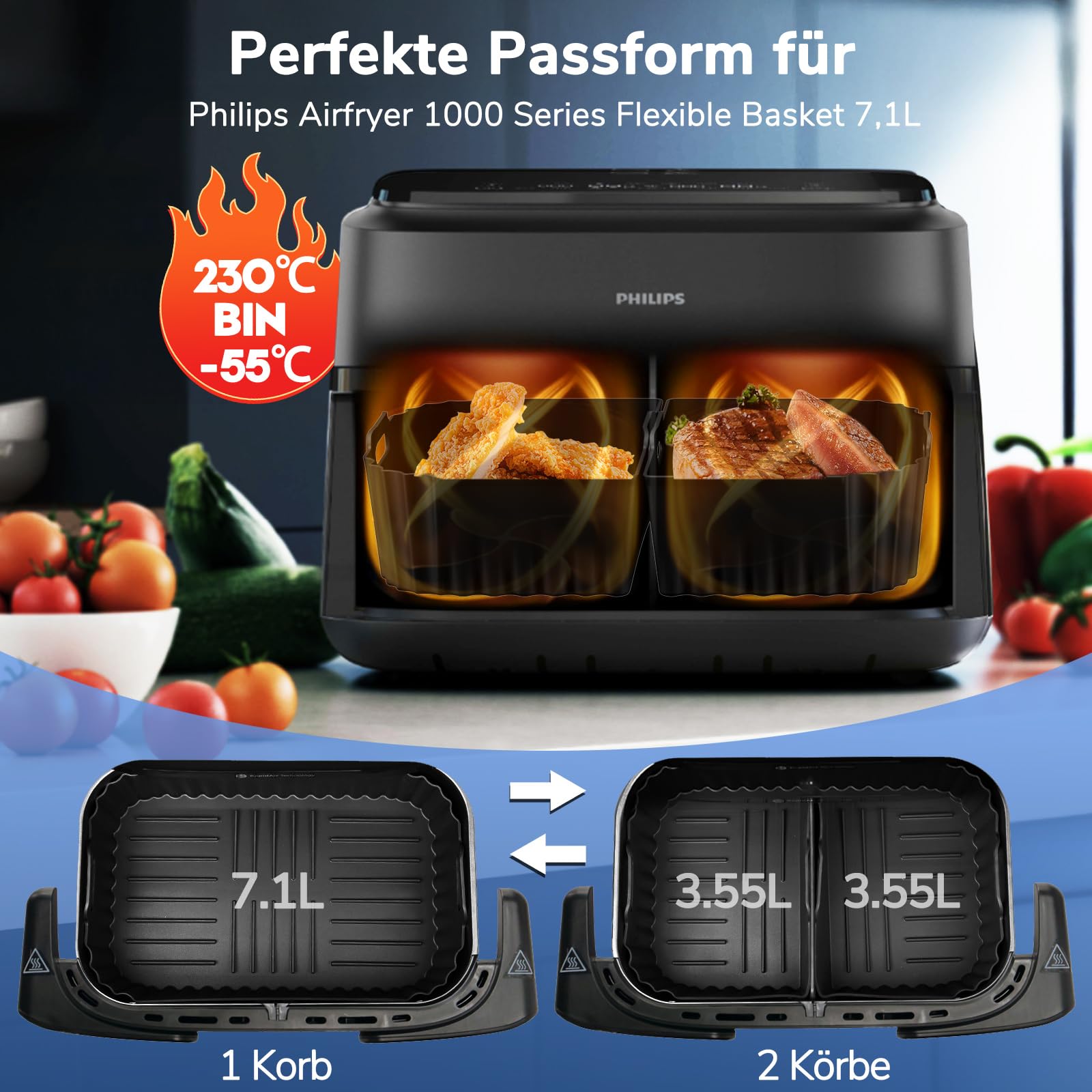 Heißluftfritteuse Zubehör für Philips Flexbasket Airfryer 1000 Series 7,1L | 3Pcs Maßgeschneiderte Airfryer Silikonform Zubehör, Wiederverwendbare Auflaufform Einsatz, Für Philips Airfryer NA154/00 7,1L