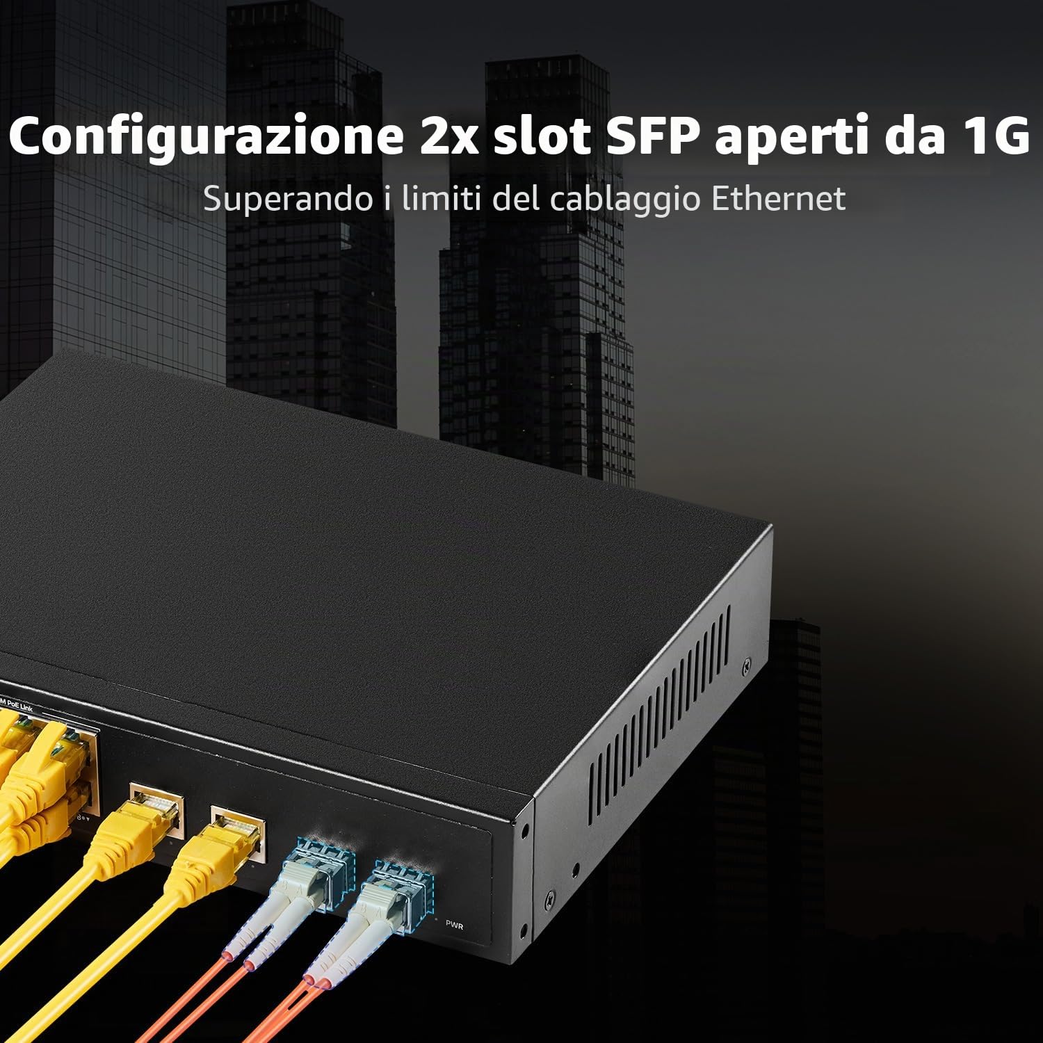 YuLinca Switch 12 porte Gigabit PoE, 8 GE PoE+, 2 GE Uplink, 2 Gigabit SFP Slot, IEEE802.3af/at Max 120W, Switch Ethernet Plug&Play non gestito senza ventola