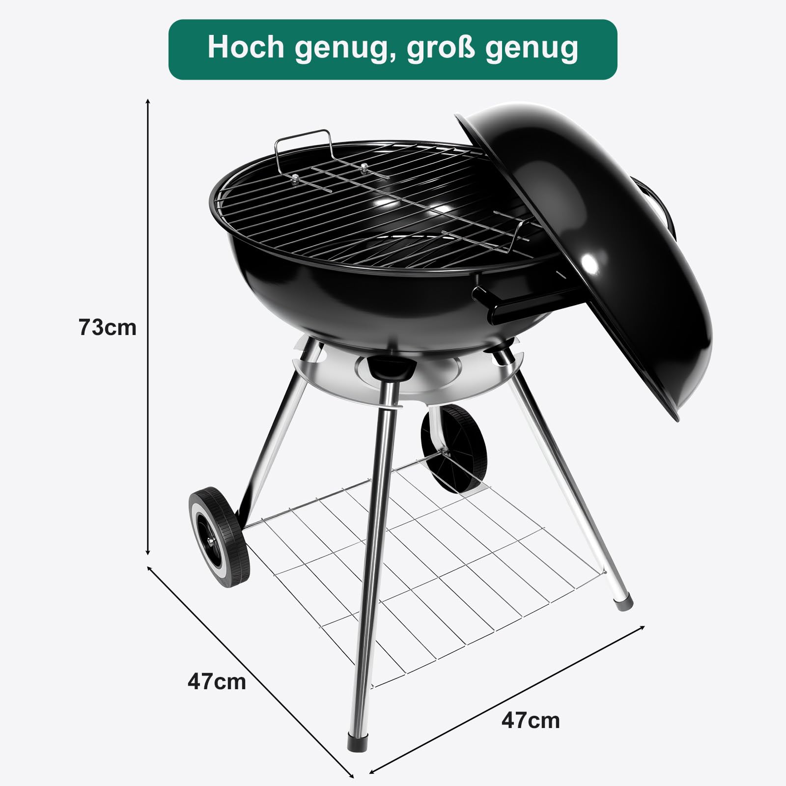 HYCHIKA Kugelgrill Holzkohlegrill Kohlegrill, Ø47cm 18 Zoll Rund Vertikal BBQ Kompaktgrill mit Deckel, Rädern für Garten Balkon Camping Outdoor