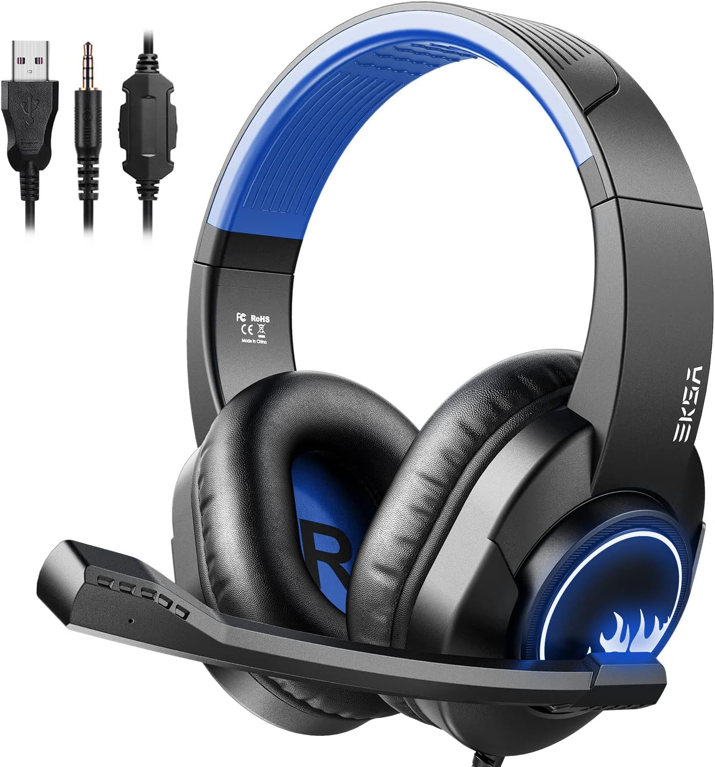 EKSA T8 Ps4 Gaming Over Ear Wired Headphones with Mic with Noise Canceling, Pc with Surround Stereo Sound, Led Light for Ps4, Pc, Laptop (Blue)