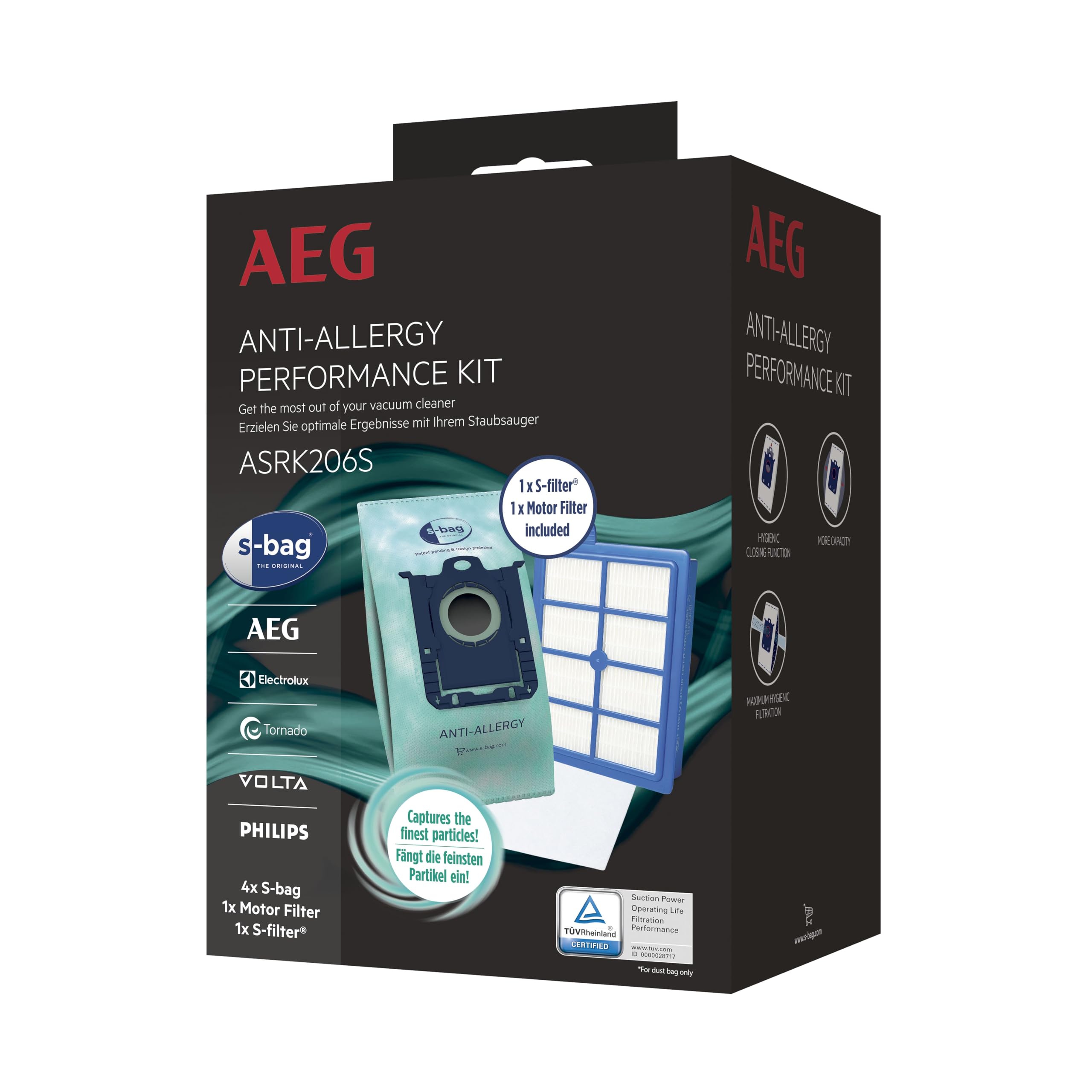 AEG ASRK206S S-Bag Performance Kit, 4X S-Bag Staubbeutel Anti-Allergy, 1x S-Filter Hygienefilter Waschbar, 1x Motor Filter, Reduziert Pollen & Allergene, Für Allergiker, Beutelsauger