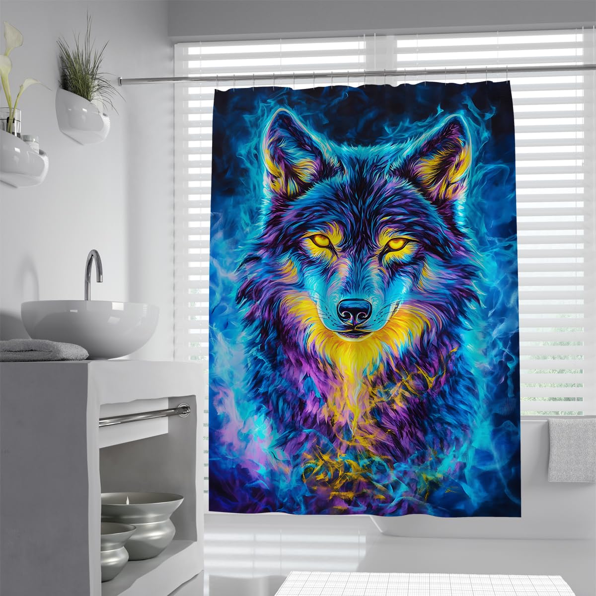 UIRINGART Abstract Wolf Shower Curtain W180xL200cm Waterproof Mildew Resistant Colorful Wildlife Artwork Print Fabric Bathroom Screen Rustproof Grommets Tub Liners
