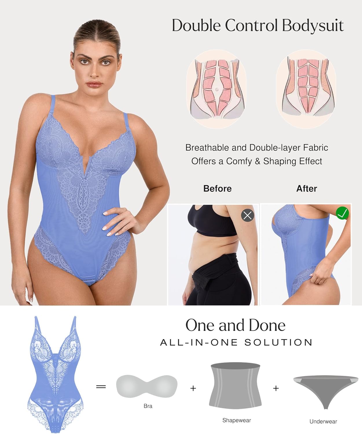 Popilush Shapewear Bodysuits for Women Lace Corset Tops Tummy Control V Neck Sleeveless Body Suit Thongs - Image 2