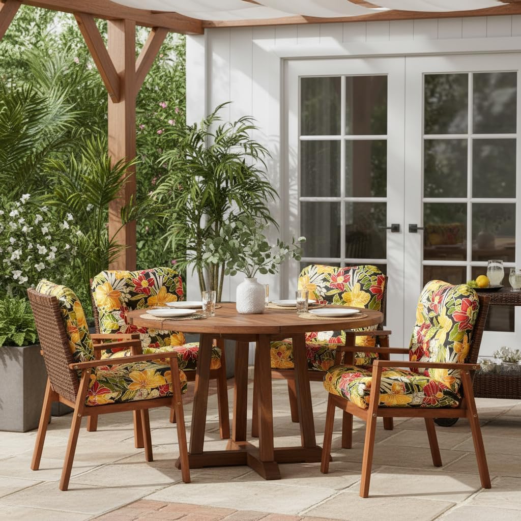 Tufted Outdoor Chair Cushions – Hinged One-Piece Design, Reversible Patio Seat & Back Cushion with Ties, Durable Polyester Fabric, Recycled Polyfiber Fill, Set of 2, Aloha Black Floral