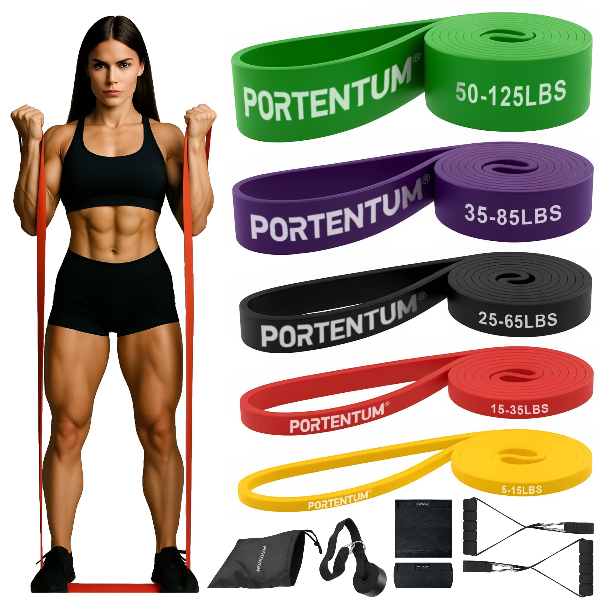 PORTENTUM Resistance bands with handle – Set of 11 – Pull up bands 5 levels strength – Handles, door anchor, sleeves and bag – Home gym men & women – Exercise band for Fitness Crossfit Yoga Pilates