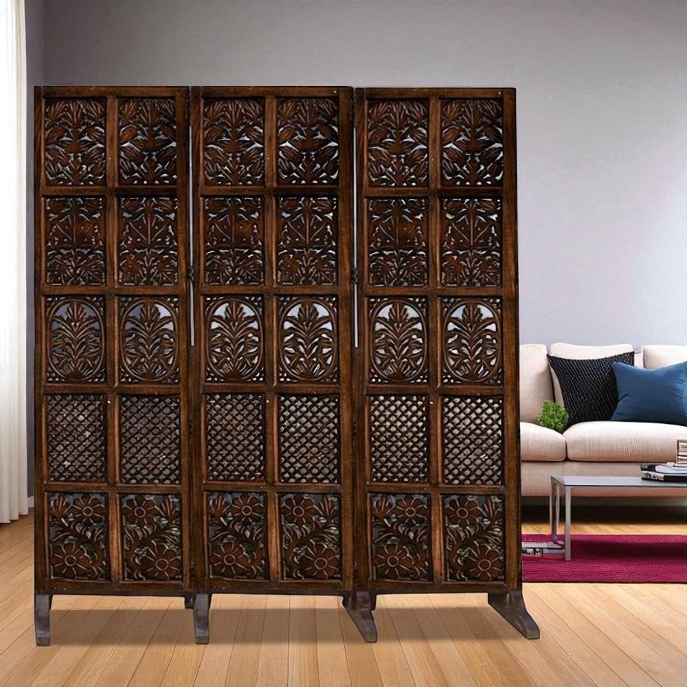 Natural Wood Handcrafted 3 Panel Wooden Room Divider with Stand | Solid Wood Folding Partition Screen with Hand-Carved Jali Design | Decorative Privacy Panel for Living Room, Bedroom & Office-picture-28