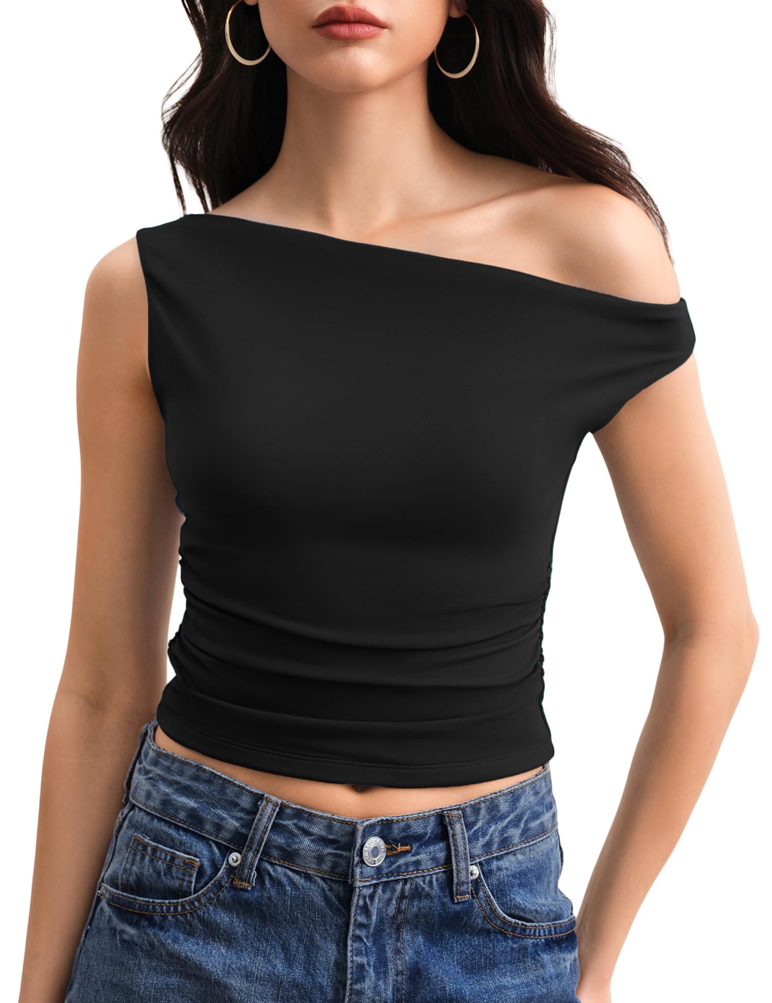 C202 Off The Shoulder Tops for Women Sleeveless Going Out Asymmetrical Ruched Crop Tank Tops Y2K Summer, Black, Small