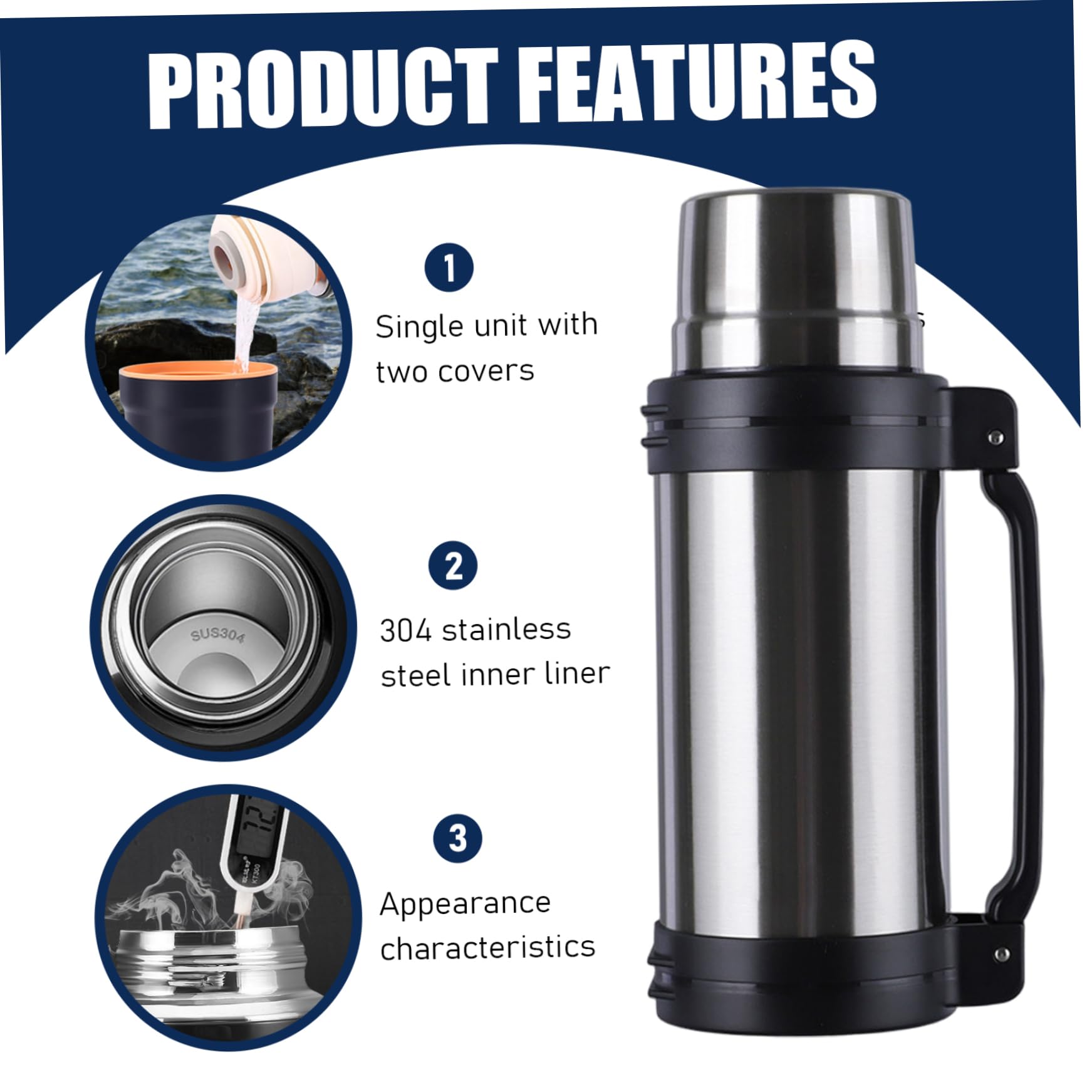 Botella de agua de acero inoxidable Botella de agua aislada a prueba de fugas de 2 litros de acero inoxidable con asa y taza Frasco portátil para bebidas frías y calientes