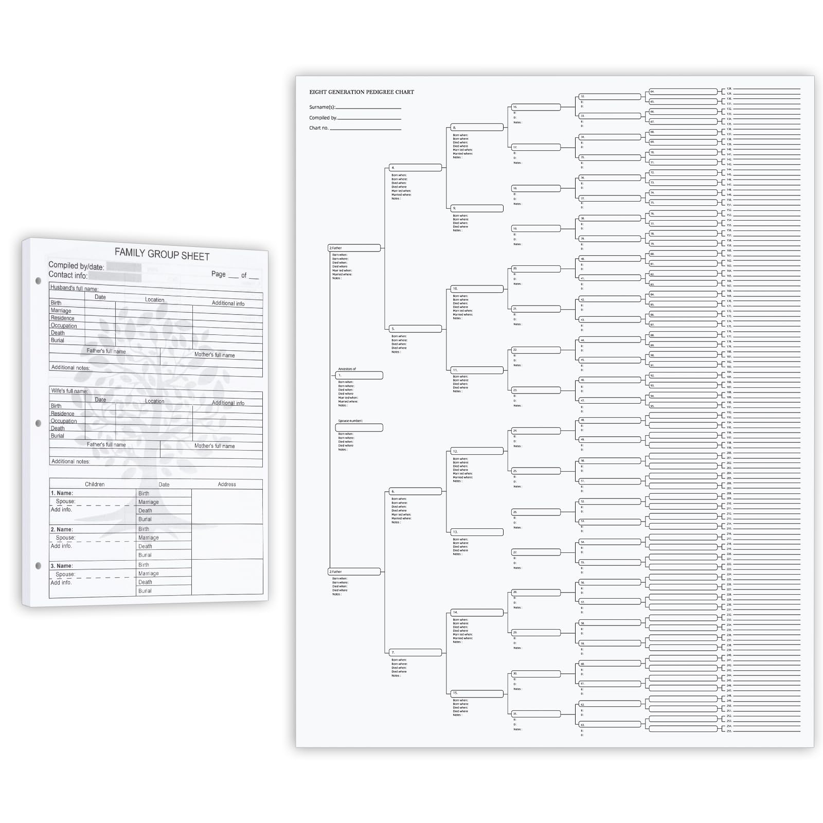 Dotoen 8th Family Tree Charts to Fill in(20 Sheets) with Family Group Sheets(100 Sheets)-Blank 8th Generation Family Tree Posters&Blank Genealogy Forms Starter for Family History