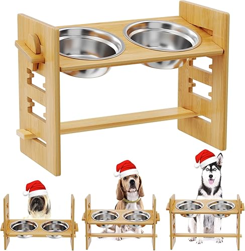 Cuencos elevados de bambú para perros, cuencos elevados ajustables para perros pequeños, medianos y grandes, soporte de bambú para comida para