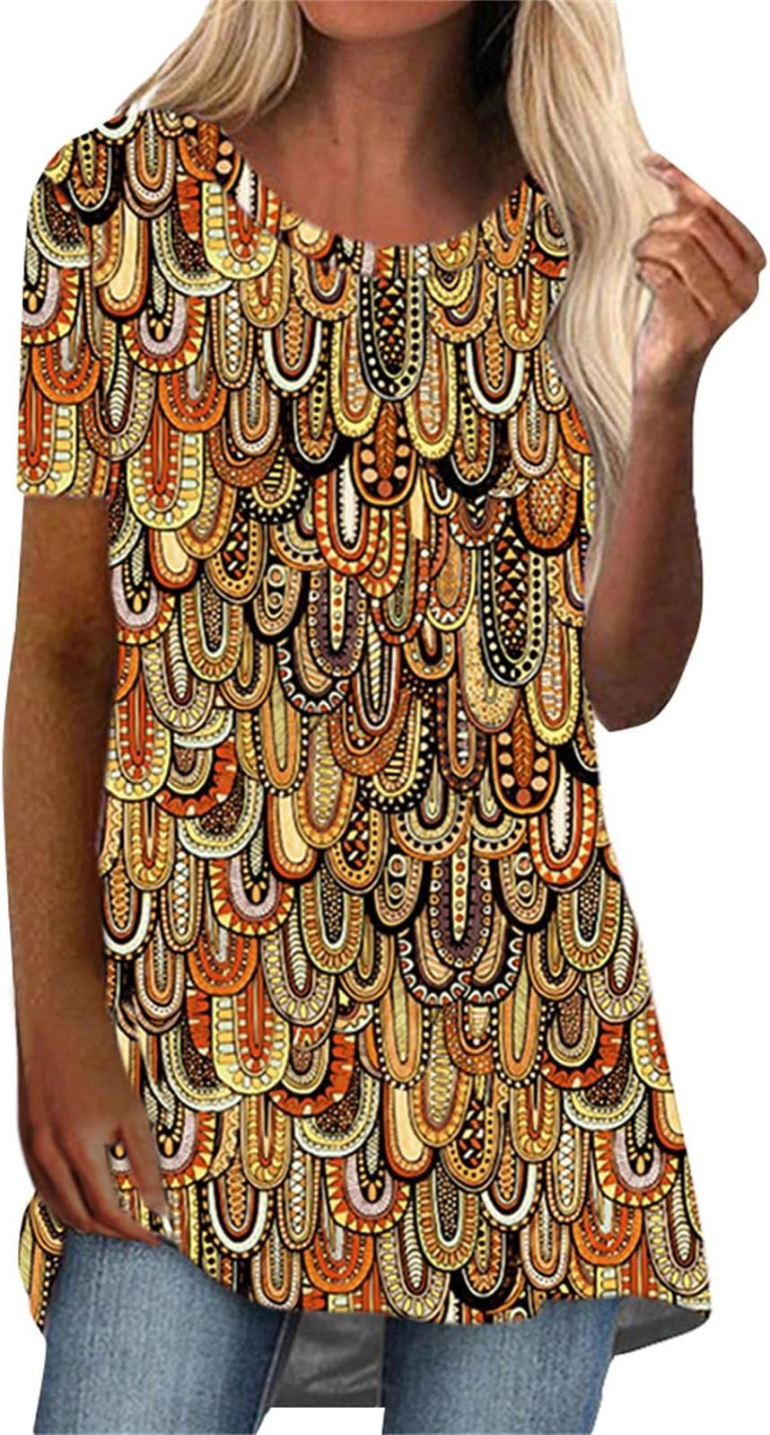 Women's Classic-Fit Printed Tops Stretchy Short Sleeve Blouses 2024 Summer Breathable Roubd Neck T Shirt
