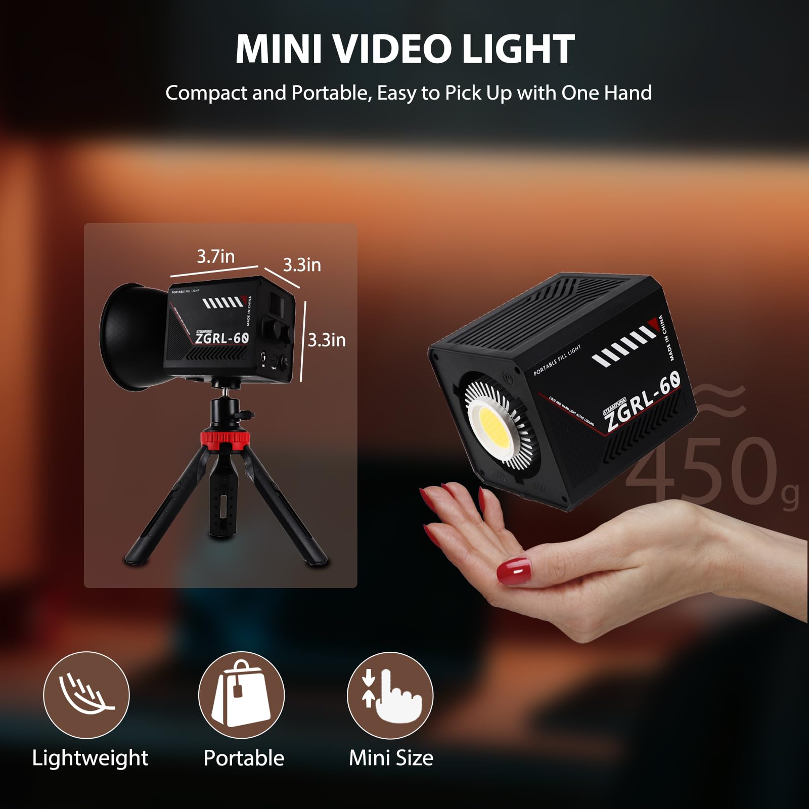 Luce video portatile COB LED da 60 W con batteria da 8000 mAh Dual Color Photography Lighting Spotlight per studio, streaming, video telefonico, 2800K-6500K, 8 effetti di illuminazione, CRI ≥95