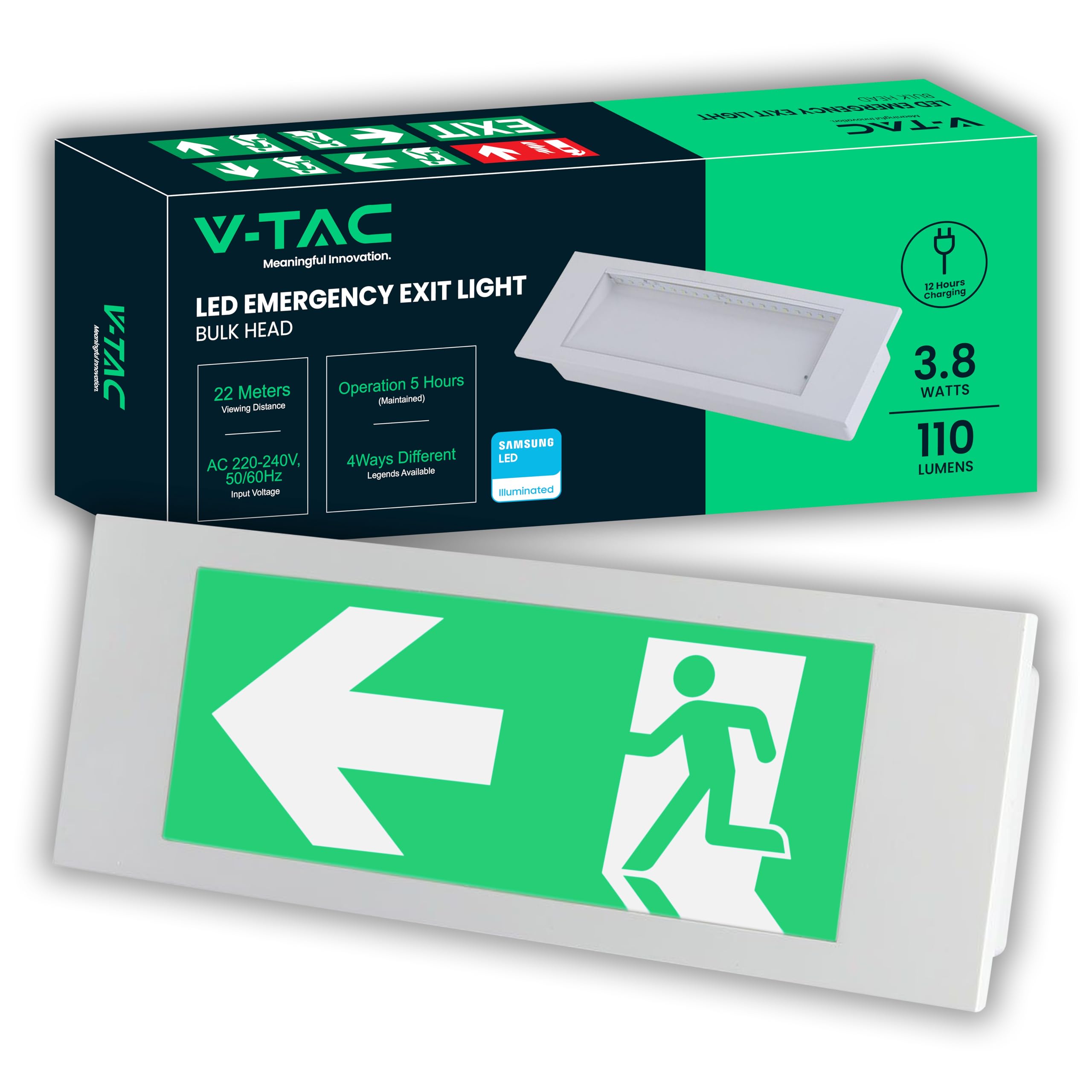 V-TAC Lámpara LED de Emergencia 3,8W – Luz Empotrable para Seguridad y Batería 25000 mAh – Montaje Fácil – IP20 – Señal Anti Black Out – Luz 6000K