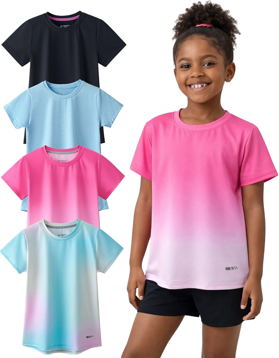 Liberty Pro Paquete de 4 camisas deportivas de manga corta para niñas jóvenes | Camisetas Dry Fit Tech, Gimnasio, Deportes, Ropa deportiva, Niños, Adolescentes