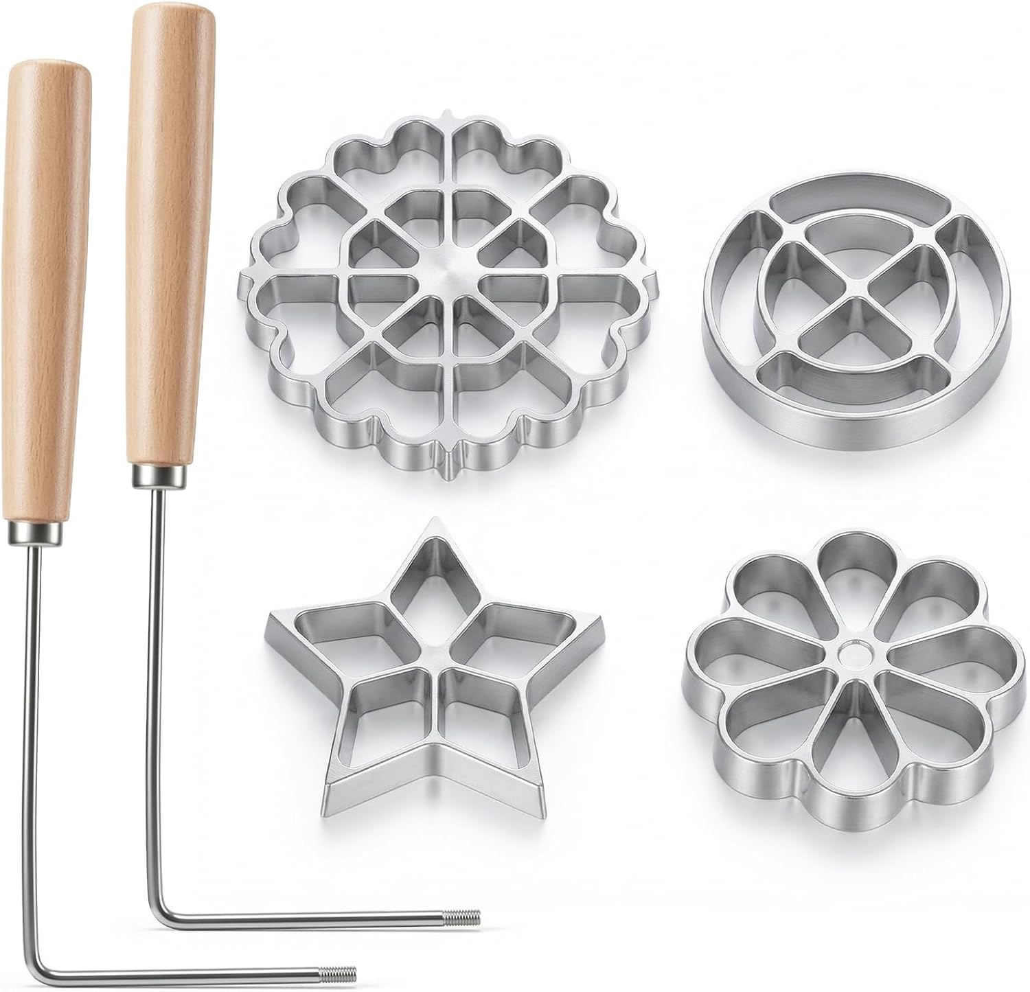 6 Pack Bunuelos Molds with Handles, Rosette Timbale Iron Set, 4 Interchangeable Aluminum Alloy Shapes (Star, Flower, Snowflake, Circle) with 2 Long Wood Handles for Kitchen Baking, Achappam & Waffle
