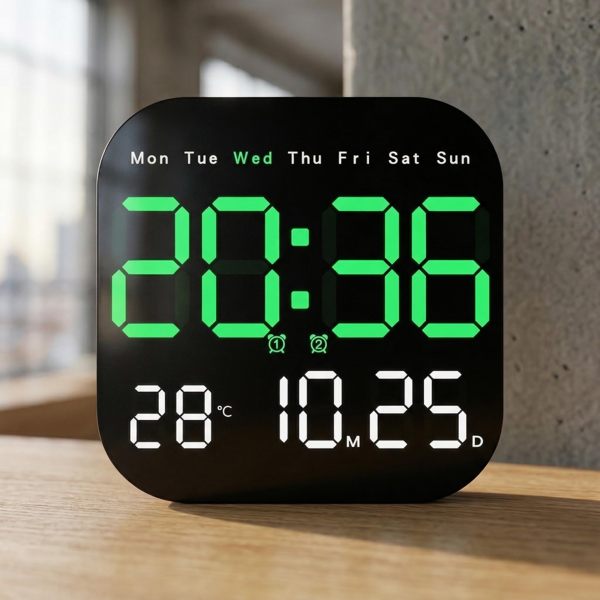 Multifunktionaler Digitaluhr mit LED-Display, Temperatur-, Datum- und Wochentag-Anzeige, Wandmontage, Tischständer, Fernbedienung, Helligkeit Regulierbar, für Zuhause und Büro (Rosa)