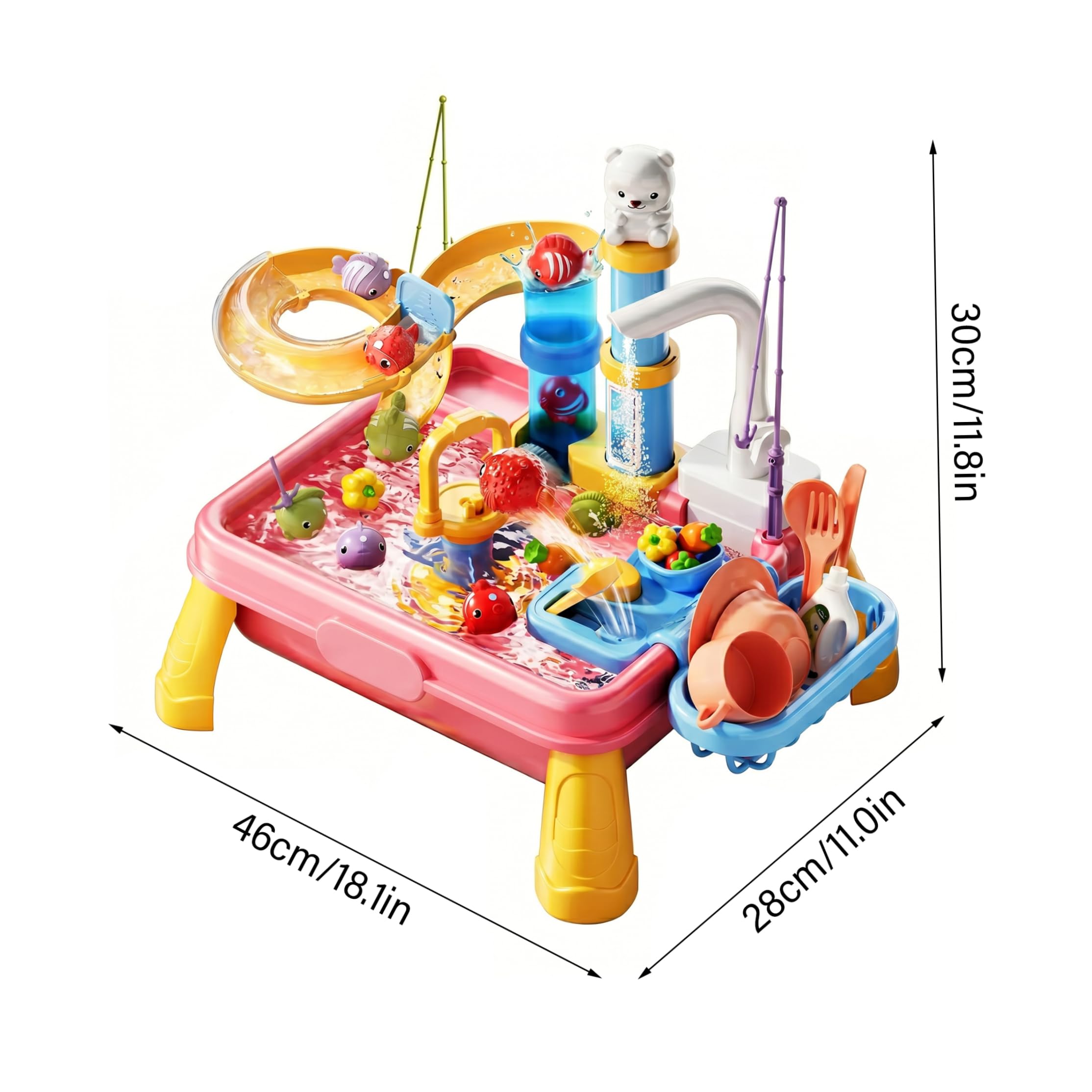 Lavandino da gioco con acqua corrente, Tavolo da acqua per bambini 7 in 1 con giocattolo da pesca Realistico Fai finta di giocare a Circolazione automatica del giocattolo della cucina per le ragazz