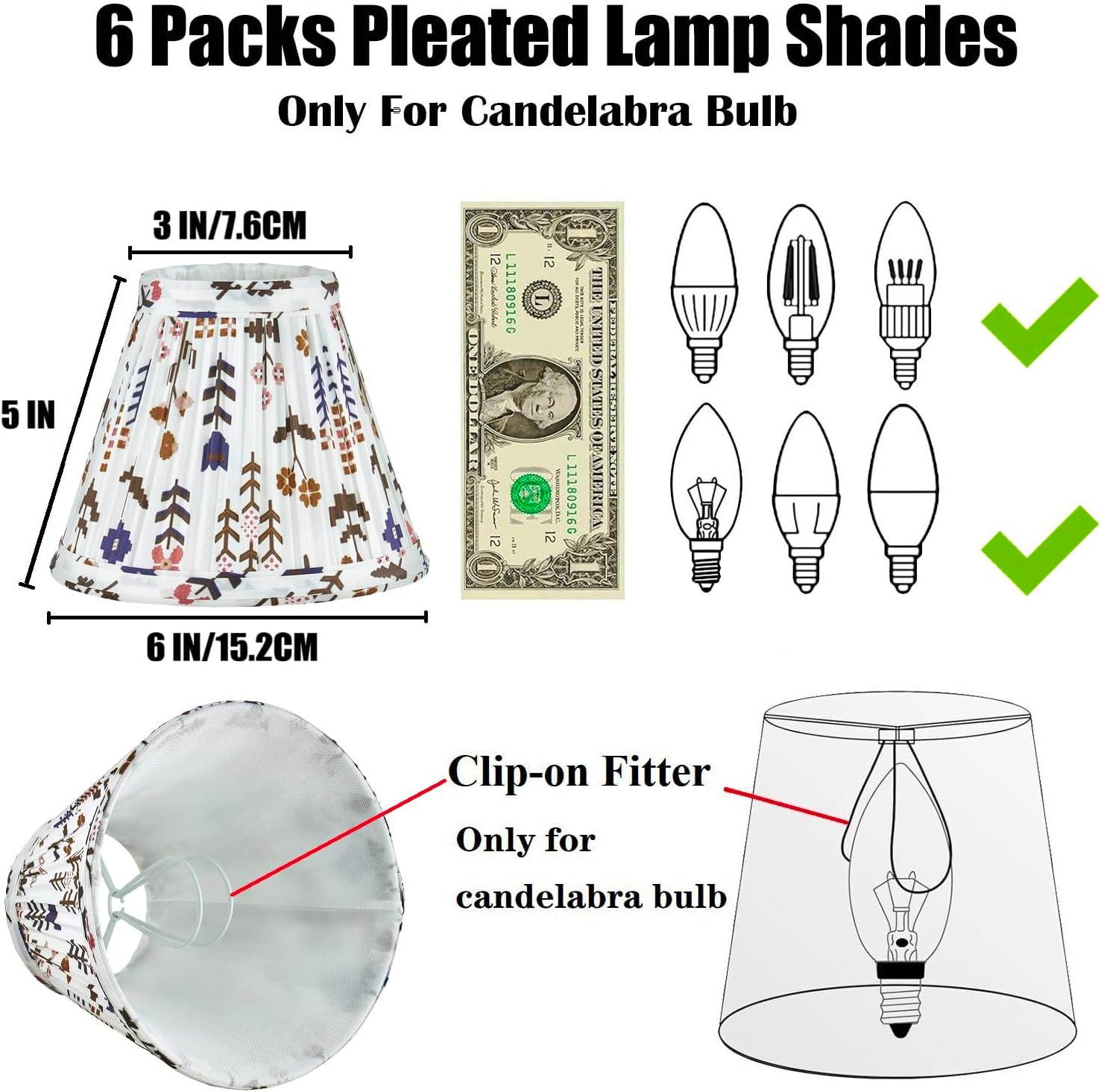Chandelier Shades Set of 6,Mini Lamp Shade 3" Top x 6" Bottom x5" Slant,Small Lamp Shades Clip On Bulb,Pleated Chandelier Lamp Shades,Fabric Lampshades that Attach to The Bulb(White Floral)