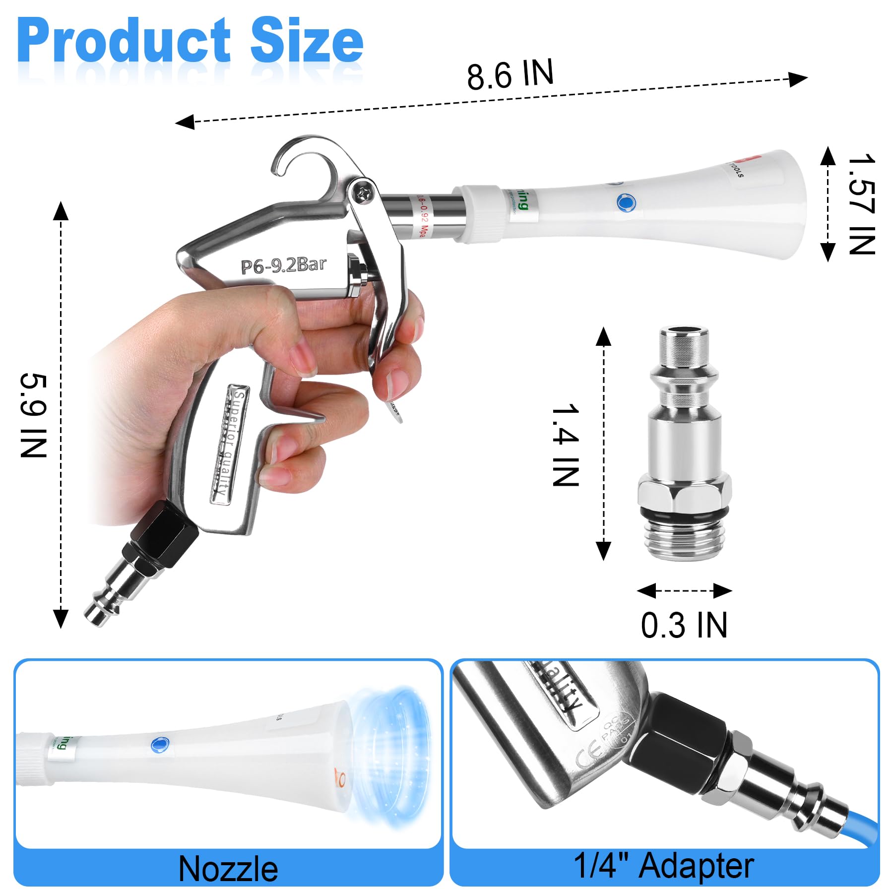 phepetroll Air Blow Gun Car Detailing Dry Cleaning Air Gun with Tapered Nozzle High Pressure Car Cleaning Tool, Car Dryer Air Blower for Car Surfaces Quickly Blasts Dust, Works with Air Compressor