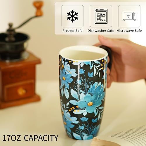 Miniatura 17 de Topadorn Taza de café de cerámica para regalo con tapa de 17 onzas, taza de té alta de porcelana con asa para el hogar y la oficina, taza con diseño