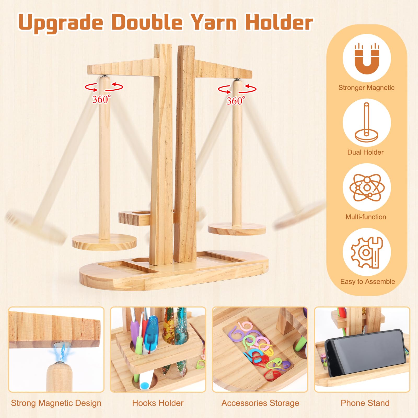Coopay Porte-fil à crochet, double dérouleur de laine pour tricot, grand support magnétique rotatif avec support pour téléphone portable, porte-pelotes de laine multifonction en bois pour les amateurs