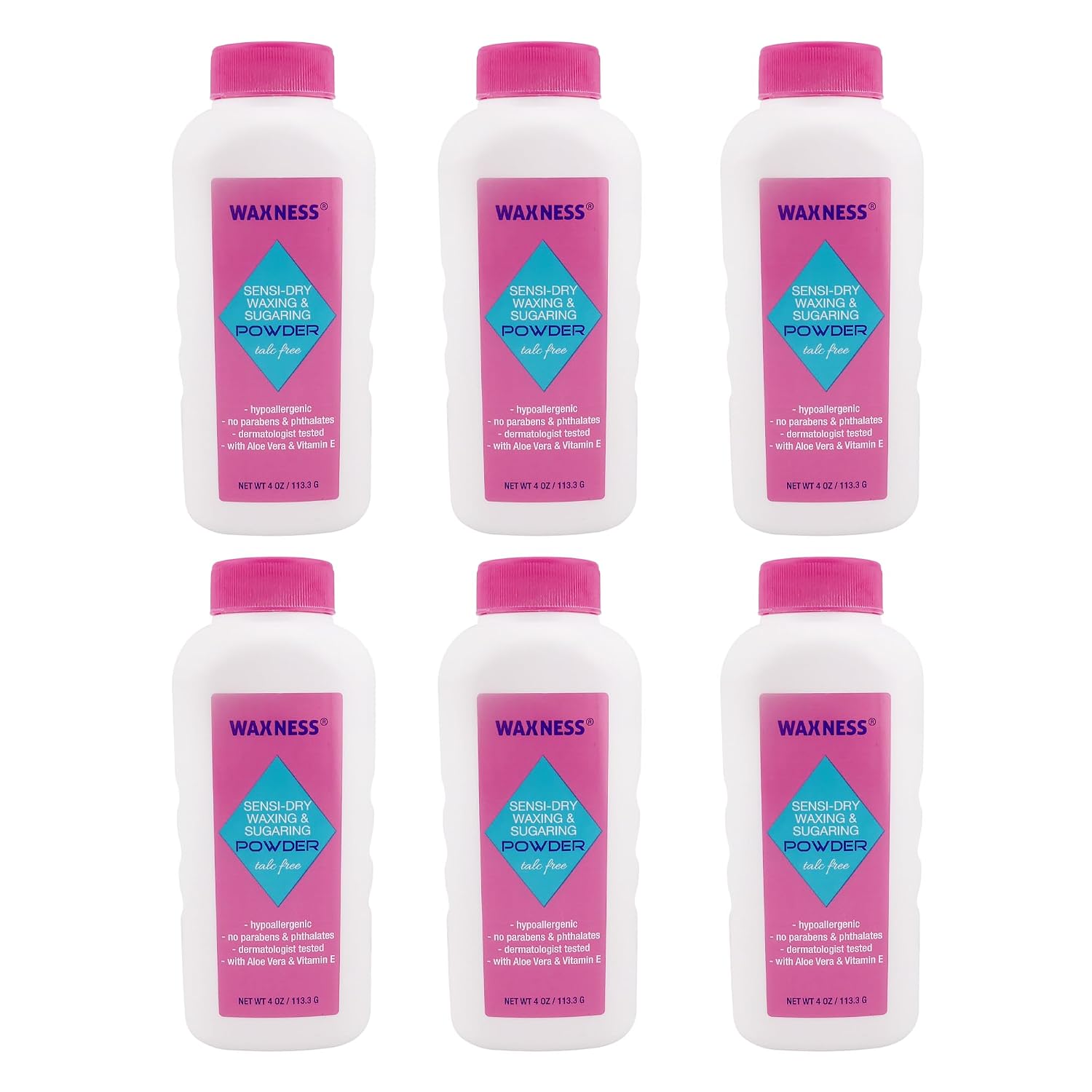 Waxness Sensi Dry Waxing & Sugaring Powder 4 oz (113 g), Pack of 6 – Moisture Absorbing Pre Wax Powder for Waxing & Sugaring, Professional Use