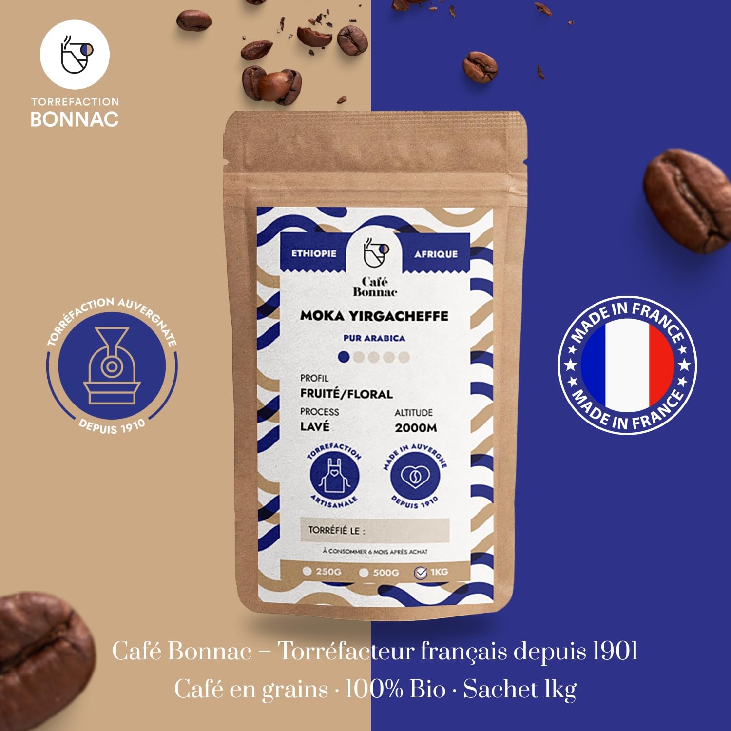Café Bonnac – Café Moulu Éthiopie Yirgacheffe 1kg | 100% Arabica De Spécialité | Notes Florales Et Citronnées | Torréfaction Artisanale Française | Compatible Filtre, Piston & Méthodes Douces