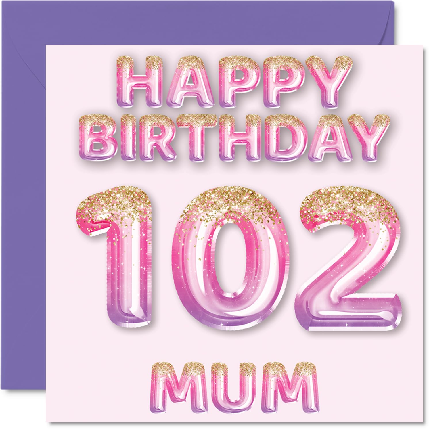 102nd Birthday Card for Mum, Pink & Purple Glitter Balloons