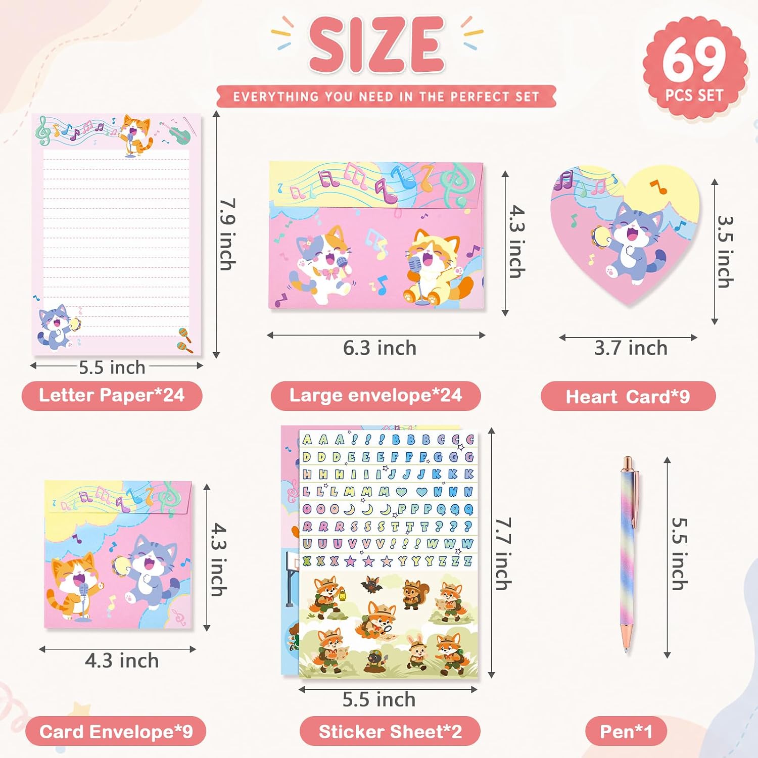WERNNSAI 69 PCS Pet Kids Stationery Paper and Envelopes Set for Girls image 2