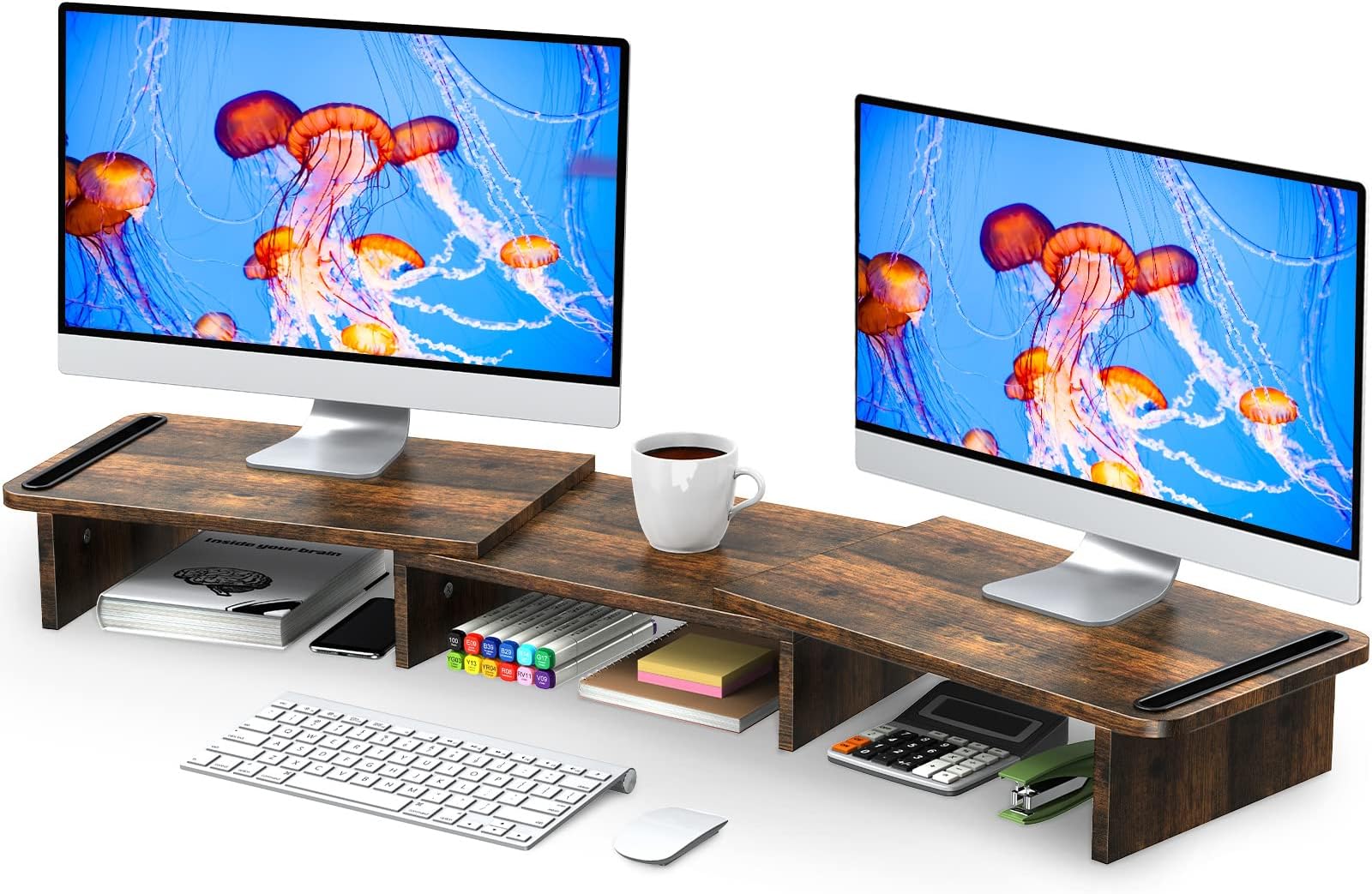 Dual Monitor Stand Riser, Monitor Stand with Adjustable Length and Angle, Wood Monitor stand for desk, Monitor Riser for 2 monitors with Storage Space (Rust Brown Large)