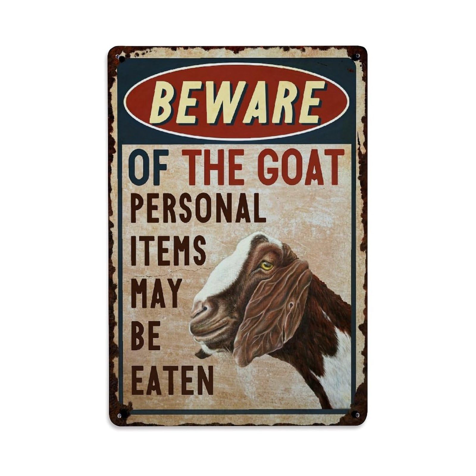 Beware Of The Goat Retro Metal Tin Sign, Vintage Metal Poster for Bar, Home, Man Cave, Kitchen, Laundry Room Art Decor 8x12 Inch