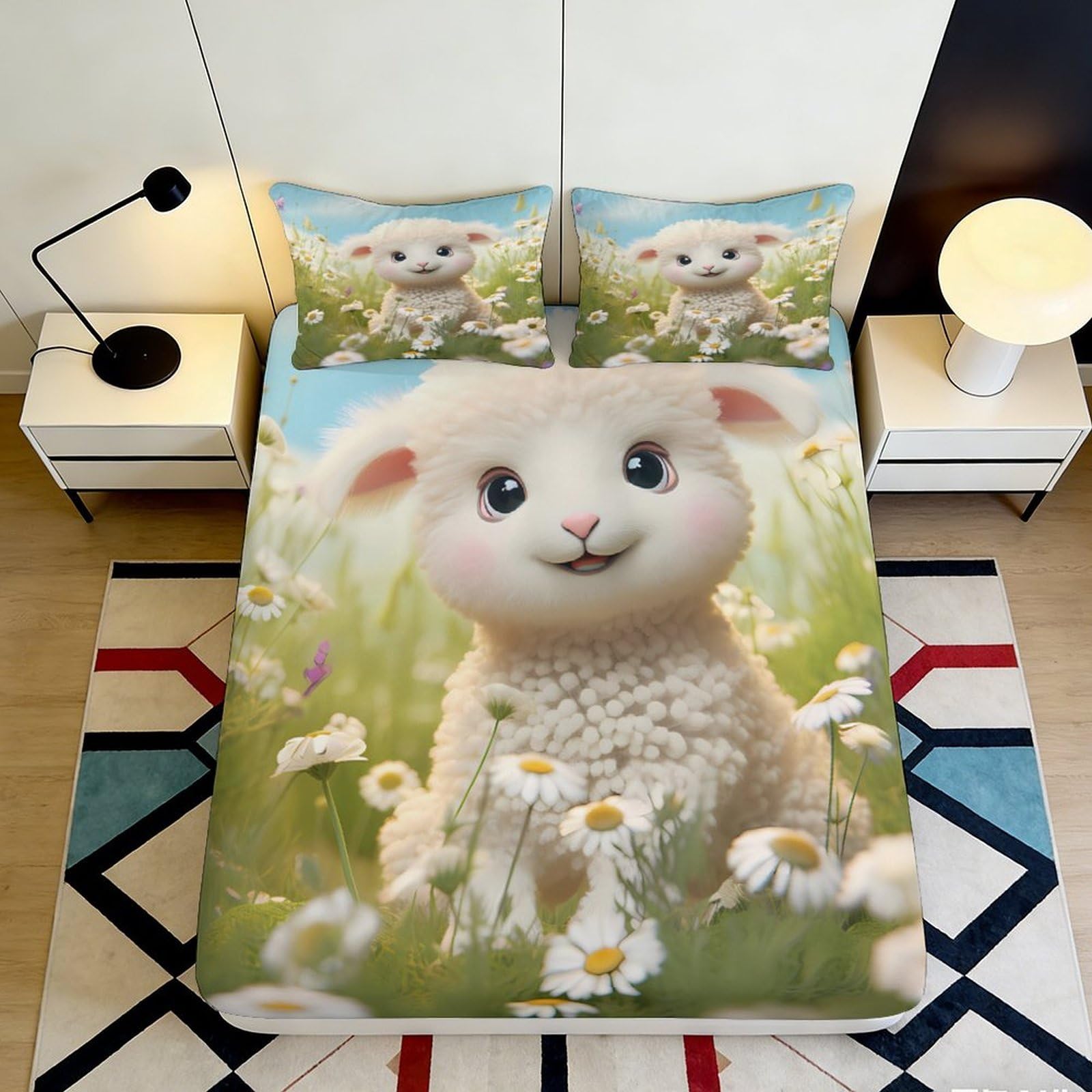 3D Printed Cute Lamb Fitted Sheet Microfiber Soft Breathable Meadow Flowers Mattress Cover for Bedroom Decor 90x200x25cm