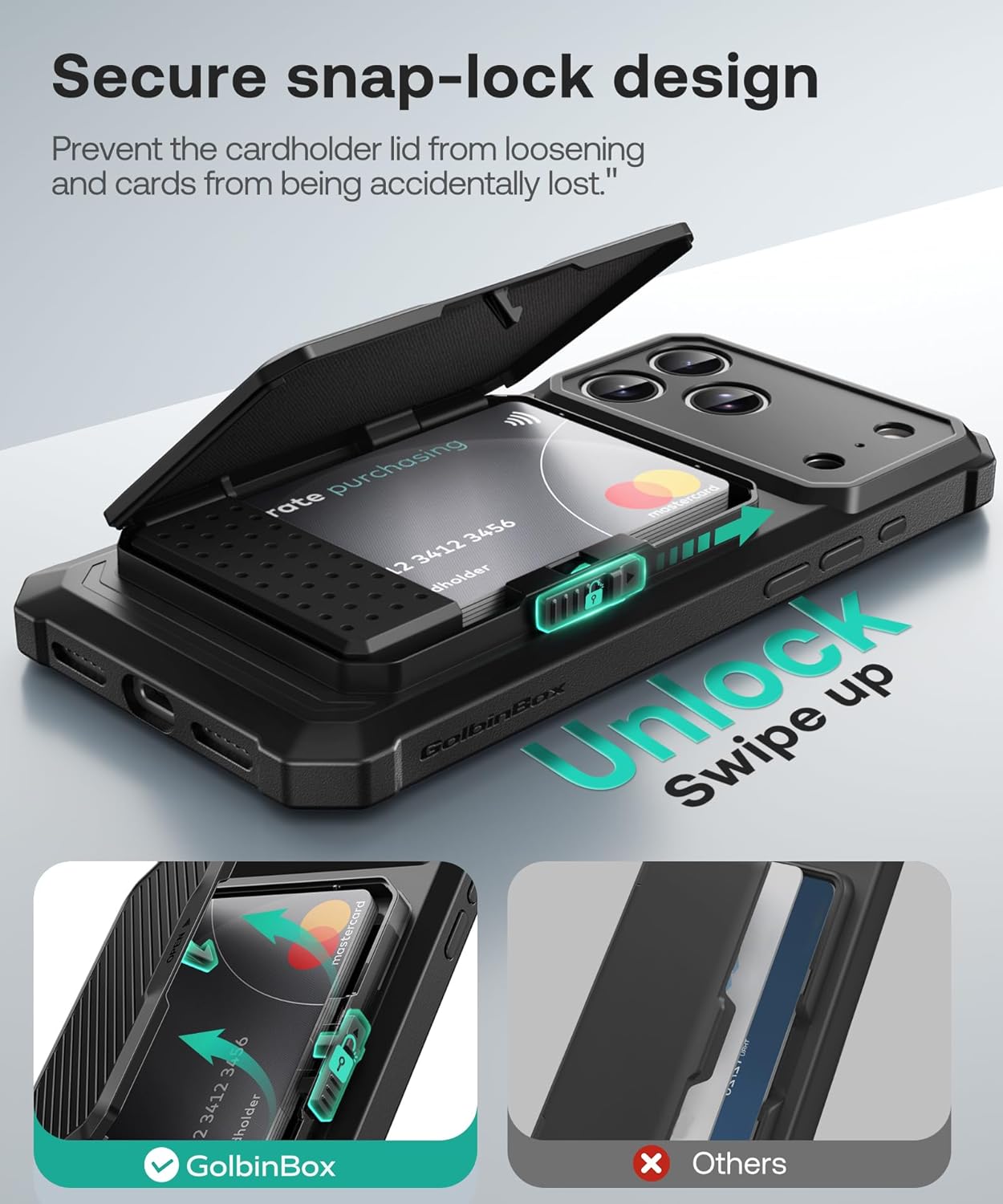 GolbinBox for iPhone 17 Pro Max Case with Card Holder and Safety Lcok, [RFID Protection] [Holds 4-5 Cards & Cash] [Camera Control Button], Rugged Card Slot Wallet Case for 17 Pro Max 6.9'', Ink Black - Image 3