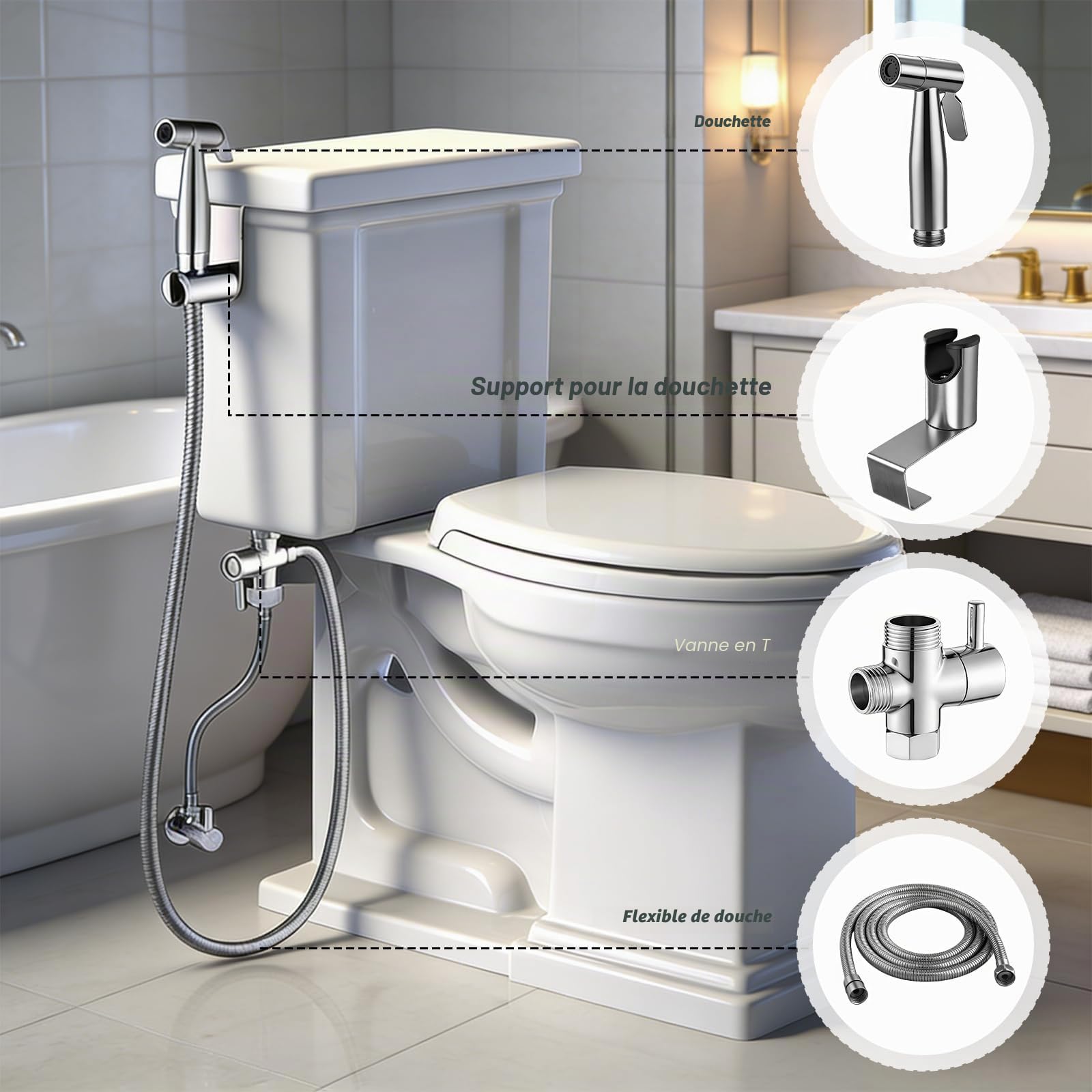 Pulvérisateur de bidet à main en Acier Inoxydable, Douchette Bidet Avec Vanne En T G1/2" Et Adaptateur Toilette G3/8", Flexible 150Cm, Support Mural Ou Crochet, Douche Pour Bébé, Animaux Et Hygiène