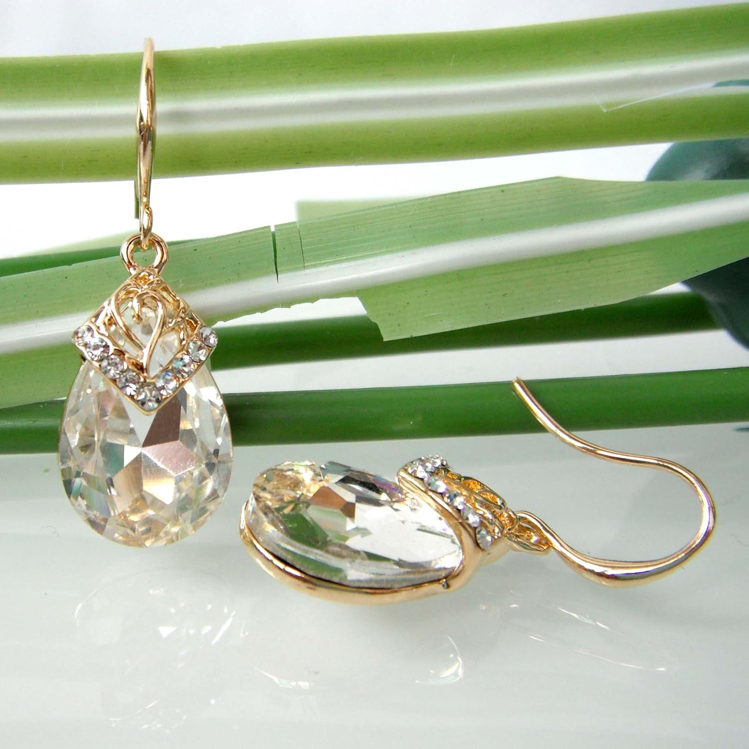 Navachi 18k Gold Plated Crystal Water Drop Flower Pattern Multicolor Zircon Dangle Drop Earrings - Image 4