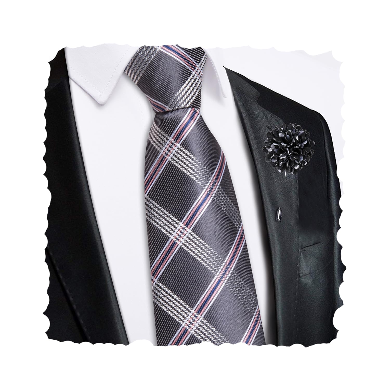 Hi-Tie Zipper Ties for Men Pre-tied Tie Set Lapel Pin Pocket Square and Cufflinks Formal Business Wedding Adjustable Necktie