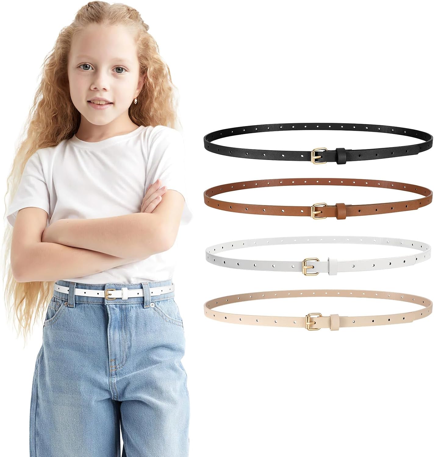 4 Pack Girls Skinny Leather Belts for Jeans Dress Thin Waist Belts for Girl with Gold Buckle