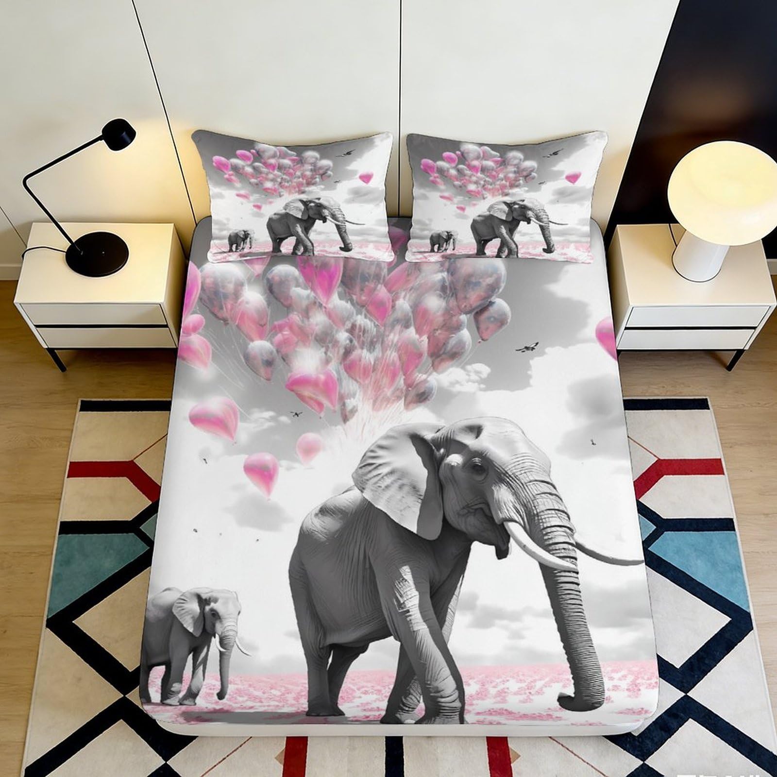 3D Printed Elephant Balloon Fitted Sheet Microfiber Soft Breathable Heart-Shaped Balloons Bed Cover for Bedroom Dormitory Guest Room Mattress Protection Decor 160x200x25cm