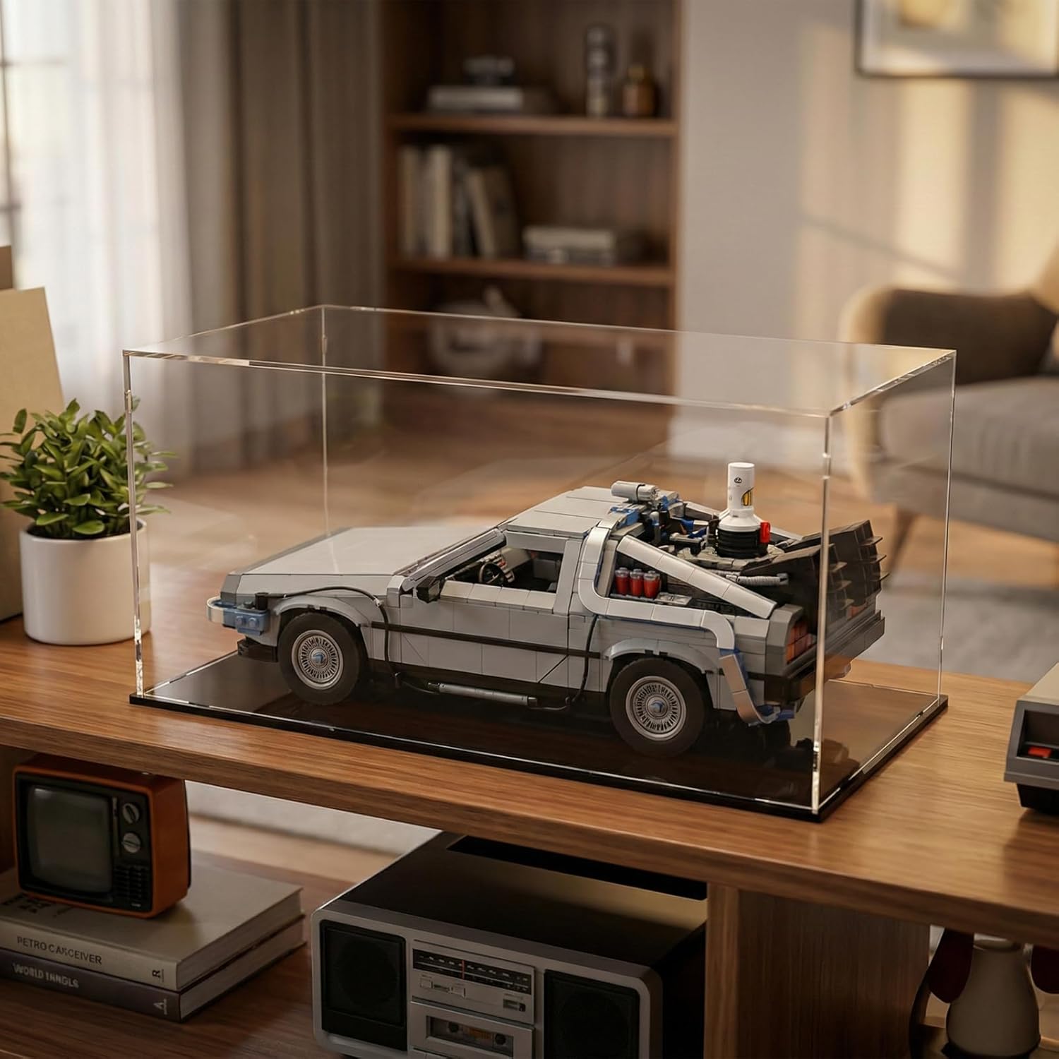 Acrylic Display Case for Lego 10300 Back to The Future Time Machine, 15.7" x 7.9" x 7.9" Dustproof Showcase, 3mm Thick Crystal Clear Box with Tool-Free Assembly for Collectibles, Figures & Models