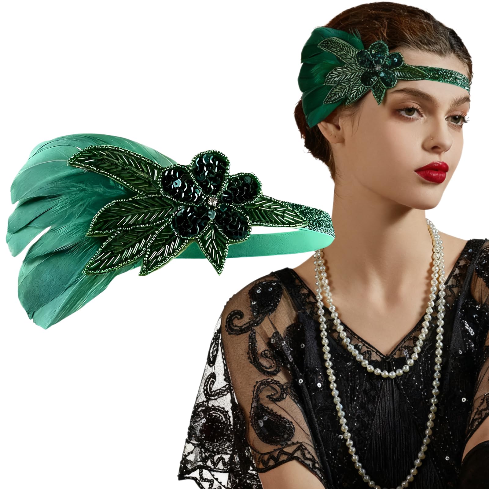Ypkia 1920er Jahren künstlichen Feder Stirnband Damen 20er Jahre Flapper Charleston Haarband Great Gatsby-Stil für Party Karneval Fasching Kostüm Accessoires (Grün)